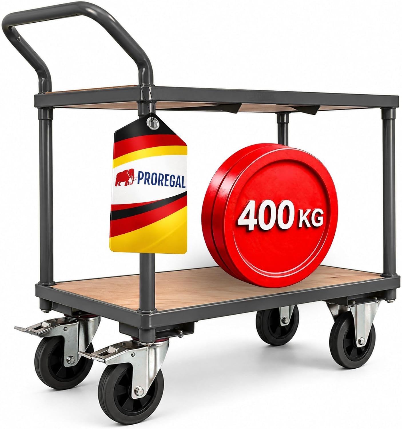 PROREGAL Tischwagen Transportwagen Handwagen Materialwagen Pro mit 2 Etagen, HxBxT 95 × 50 × 97 cm, Traglast 400 kg, Grau