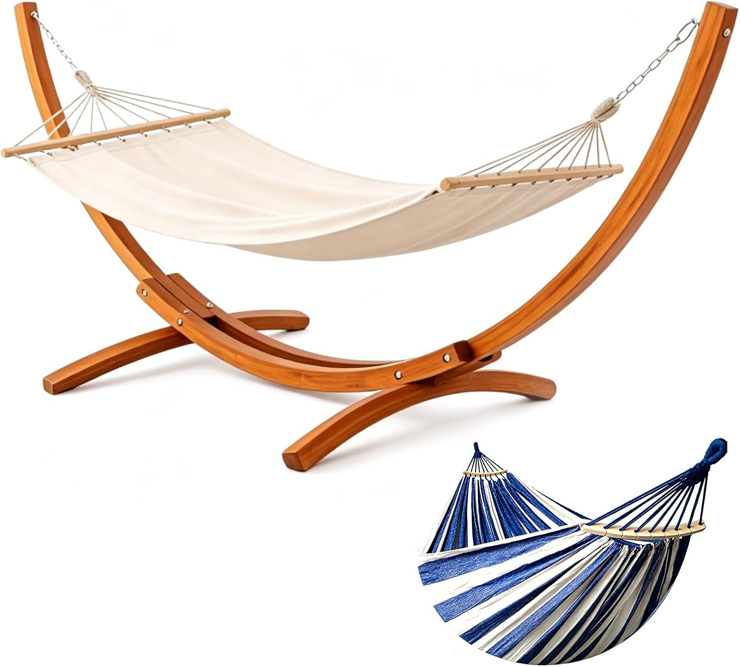 BELONID Hängematte mit Gestell, 320 × 120 × 120 cm, 200 kg, Massivkiefernholz, massives Kiefernholz, Holzgestell, Höhenverstellbar, Beige/Blau/Weiß