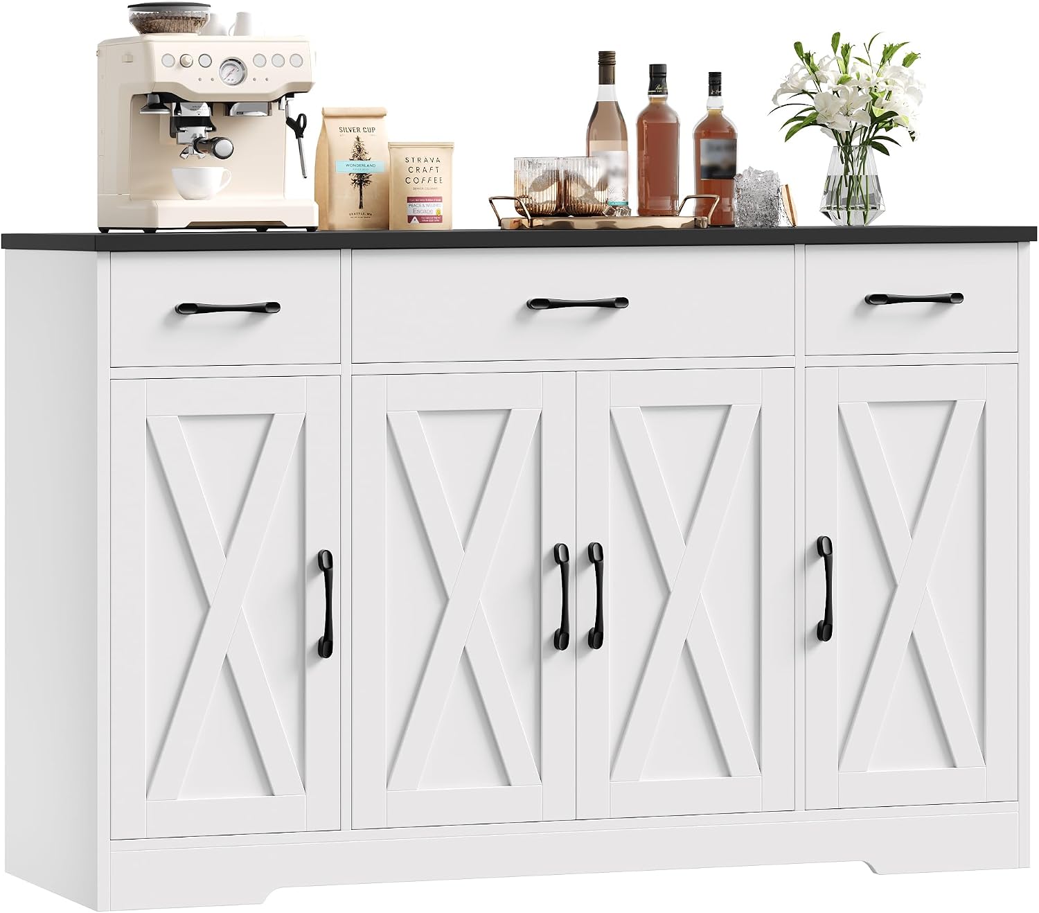 HOCSOK Sideboard, 140 cm Breit Küchenschrank mit 2 Verstellbaren Regalen, Weiß &Schwarz, Buffetschrank mit 3 Schubladen 4 Türen, Flur