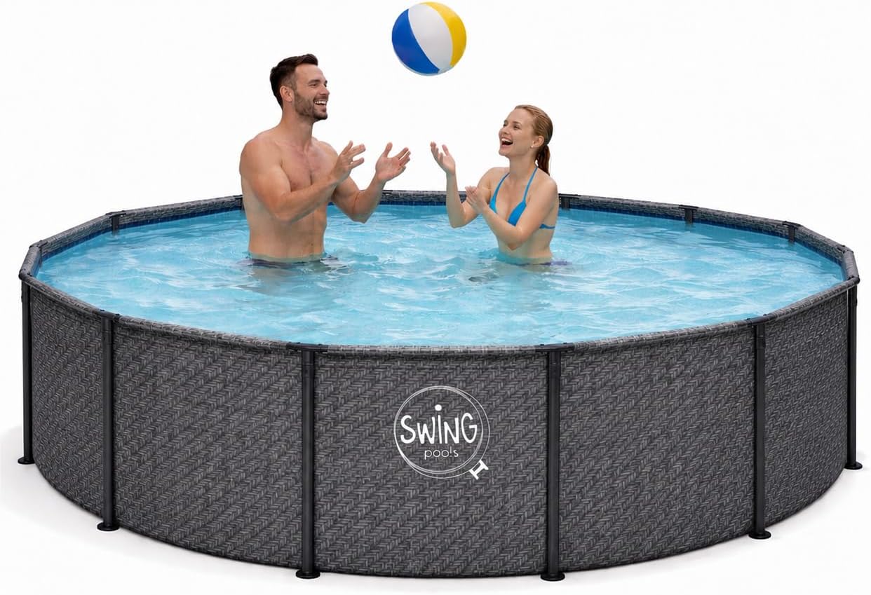 HAF, Schnellaufbau ohne Werkzeug, Ø 366 cm, 91 cm tief, Swing Frame Pool rund Grau Fischgräte, Gartenpool mit 8.300 Liter, Robust