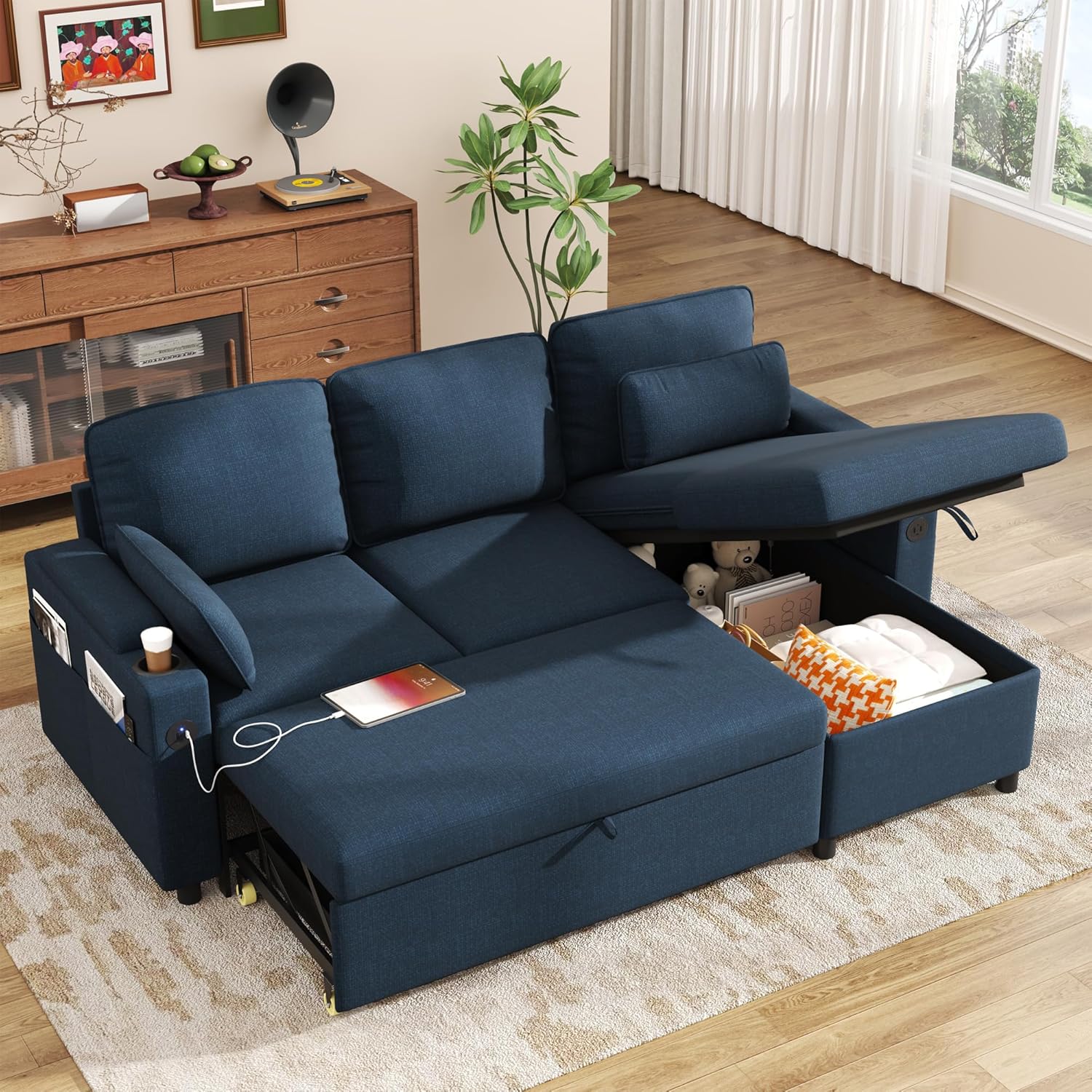 DURASPACE Schlafsofa Ausziehbar 2 in 1 Sektional Couches Schlafcouch mit Lagerung, Blau, USB