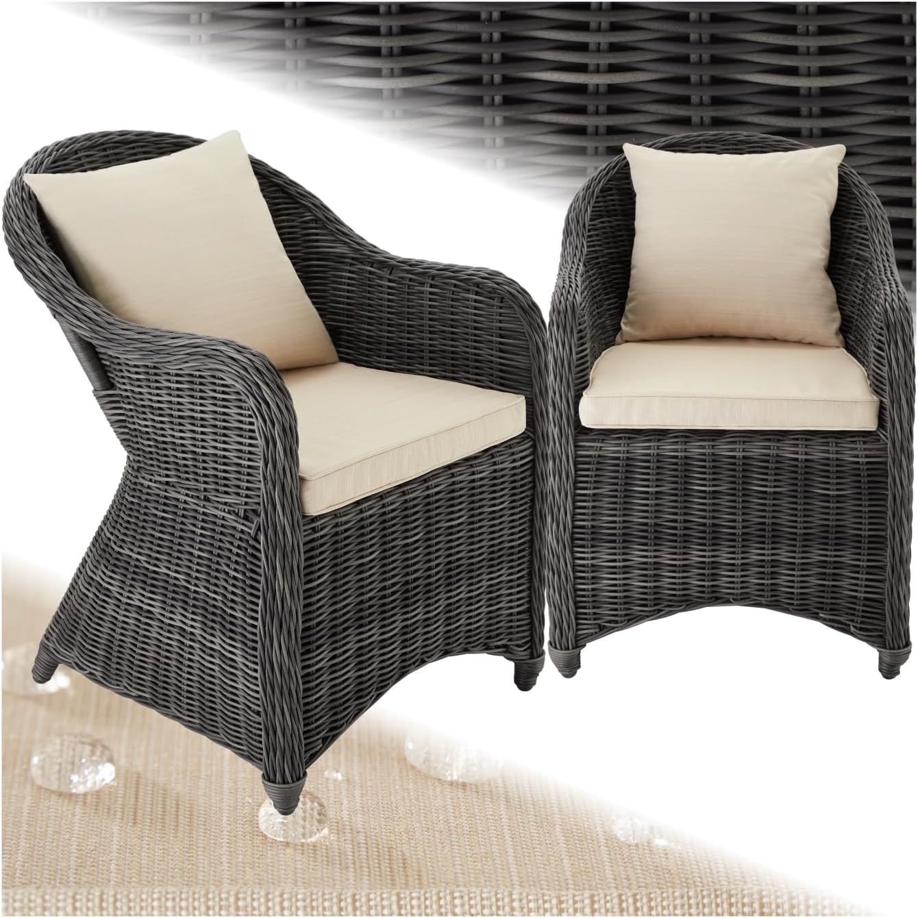 Tectake Alu Polyrattan Gartenstuhl 2er Set, Gartenmöbel Set mit 2 Sessel, Grau, Wetterfest, Rattan Gartensessel mit weichen Sitzpolster