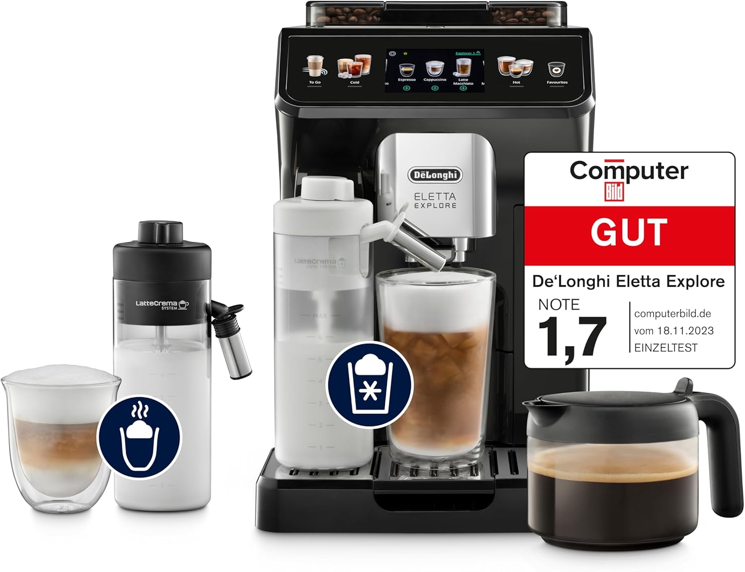 De'Longhi Eletta Explore, ECAM452.57.G, Perfetto Kaffeevollautomat mit LatteCrema-Milchaufschäumer, 40 Getränke auf Knopfdruck, Farbiges Touch-Display