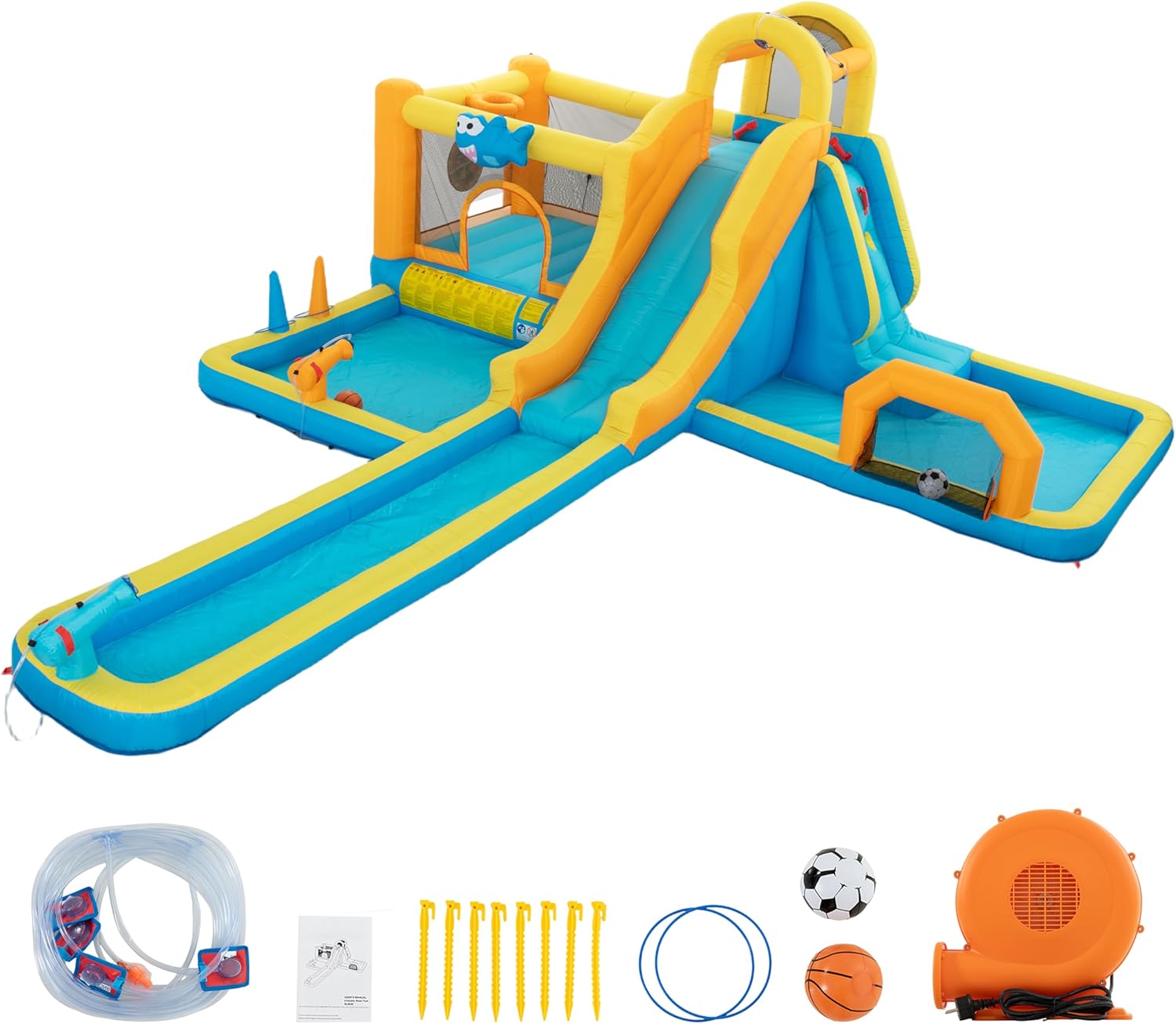 UEV Aufblasbarer 9-in-1 Hüpfburg XXL mit Gebläse, EN71-1/2/3,590 × 502 × 220 cm, Kletterwand, Ballspielplatz, Extra Lange aufblasbare Rutsche