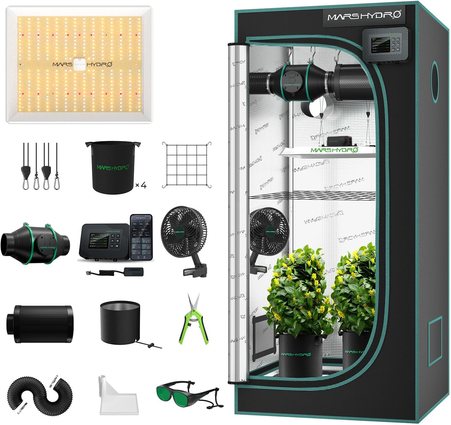 MARS HYDRO Smart Growzelt Komplettset mit WiFi-Integrierte Controller43, 80 × 80 × 160 cm 1680D Hohe Reflektivität Grow Box Komplettset