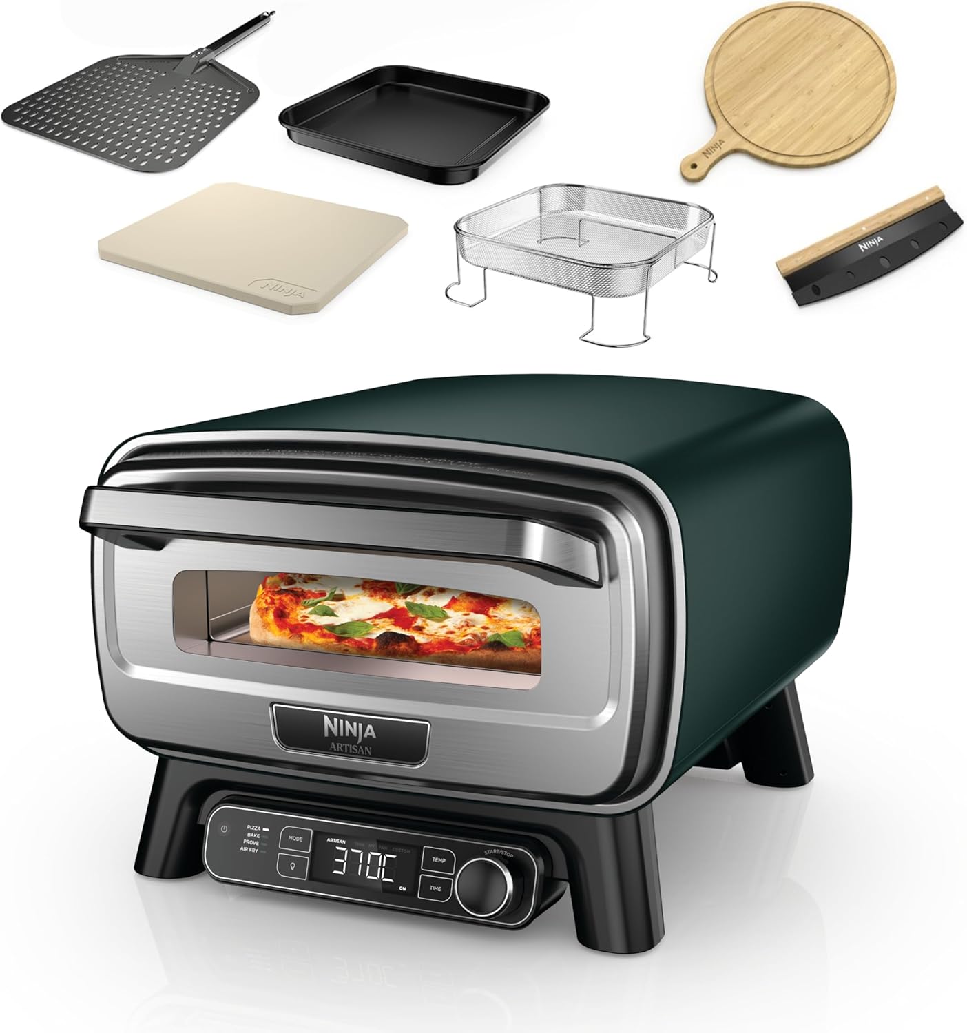 Ninja Artisan Outdoor-Pizzaofen und Heißluftfritteuse, Grün MO201AMZEU, 4 Funktionen, Servierbrett, Pizza-Wiegemesser, 30-cm-Pizzastein