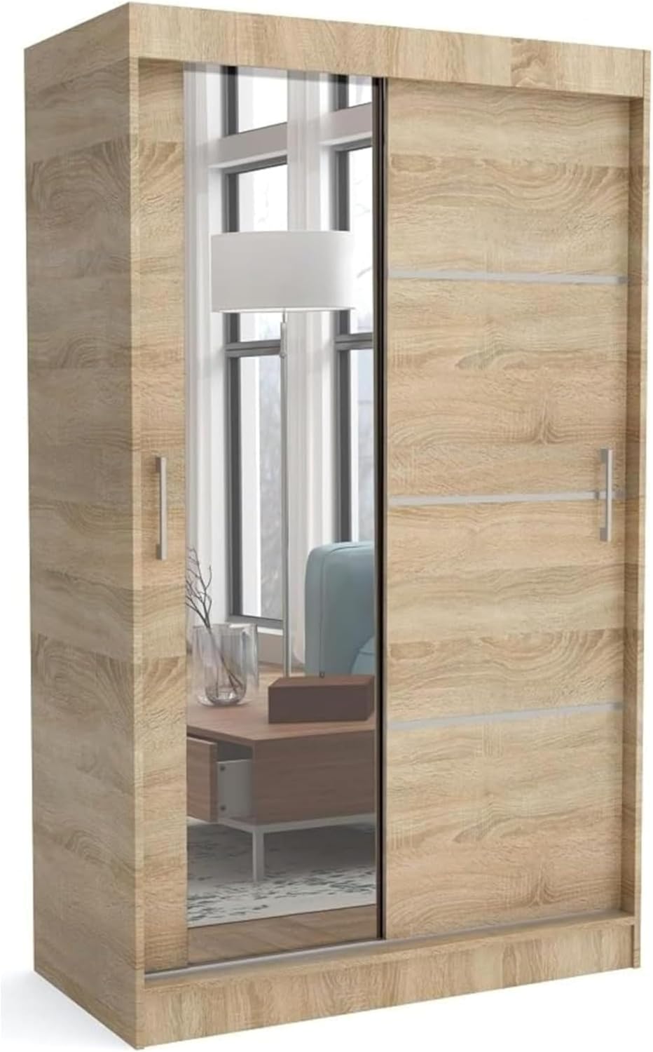 Brent - Kleiderschrank, 100 cm, für Kleidung I Kleiderschrank Sonoma Eiche, Sonoma Eiche/Spiegel, Stauraum, Aluminium