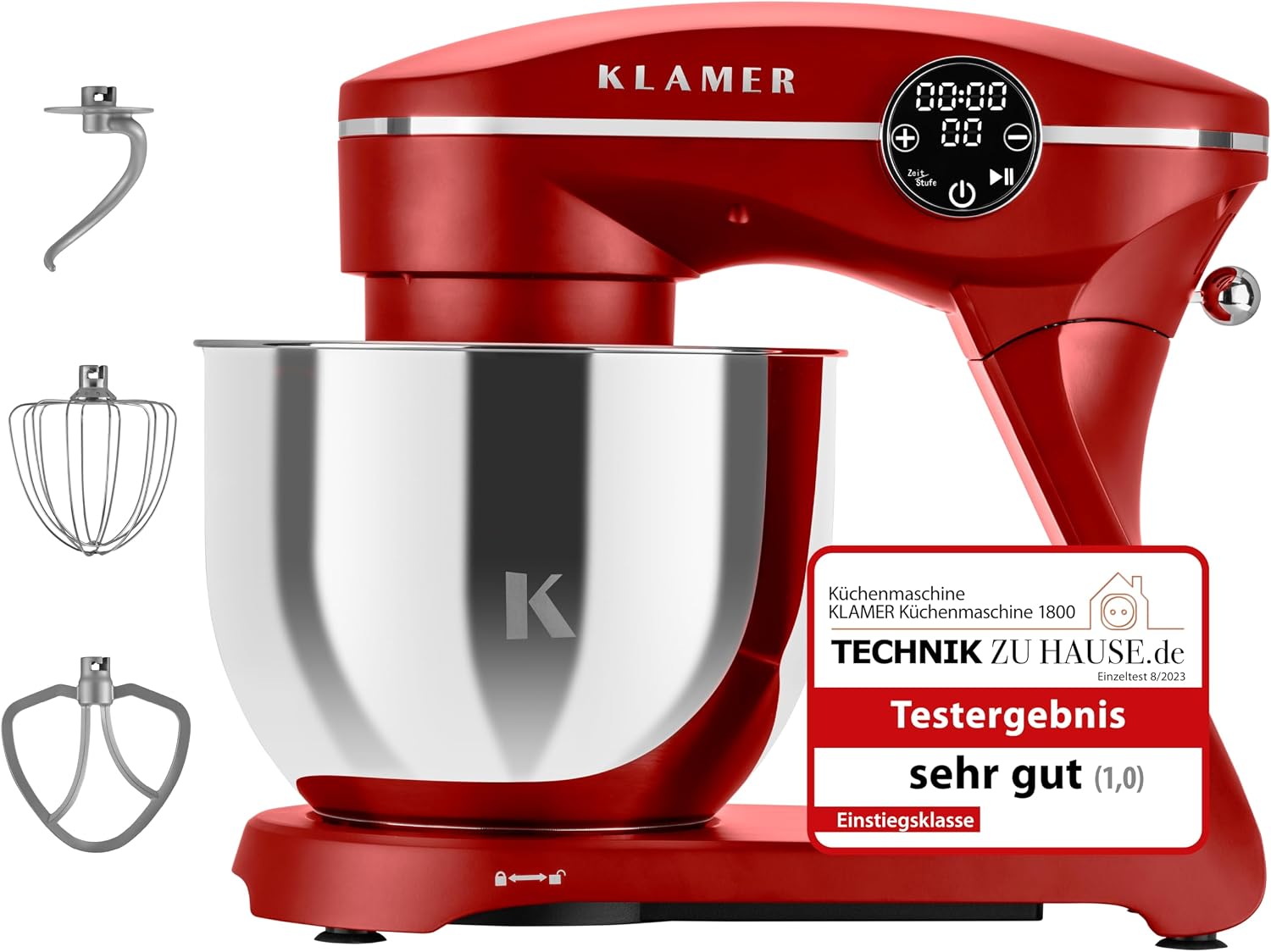 KLAMER Küchenmaschine 1800 W, Knetmaschine Brotteig mit Edelstahl-Rührschüssel 6 l, Rot, 10 Stufen mit Timer, Planetenrührwerk