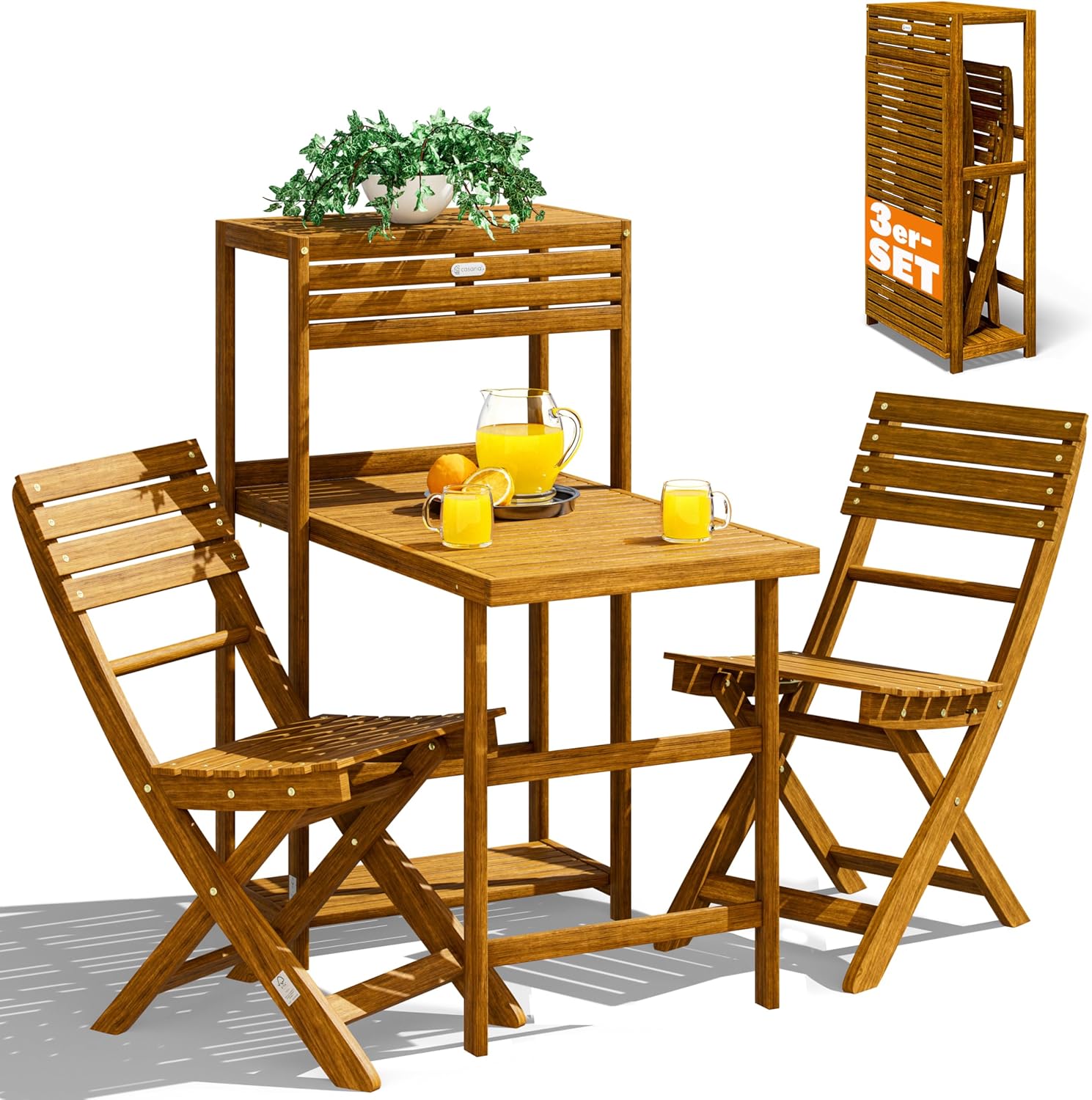 Casaria Balkon Set 2 Personen Wetterfest Klappbar Holz FSC-Zertifiziert 160 kg Belastbarkeit 94 × 61 × 117 cm Garten Balkon Terrasse 3-teilig