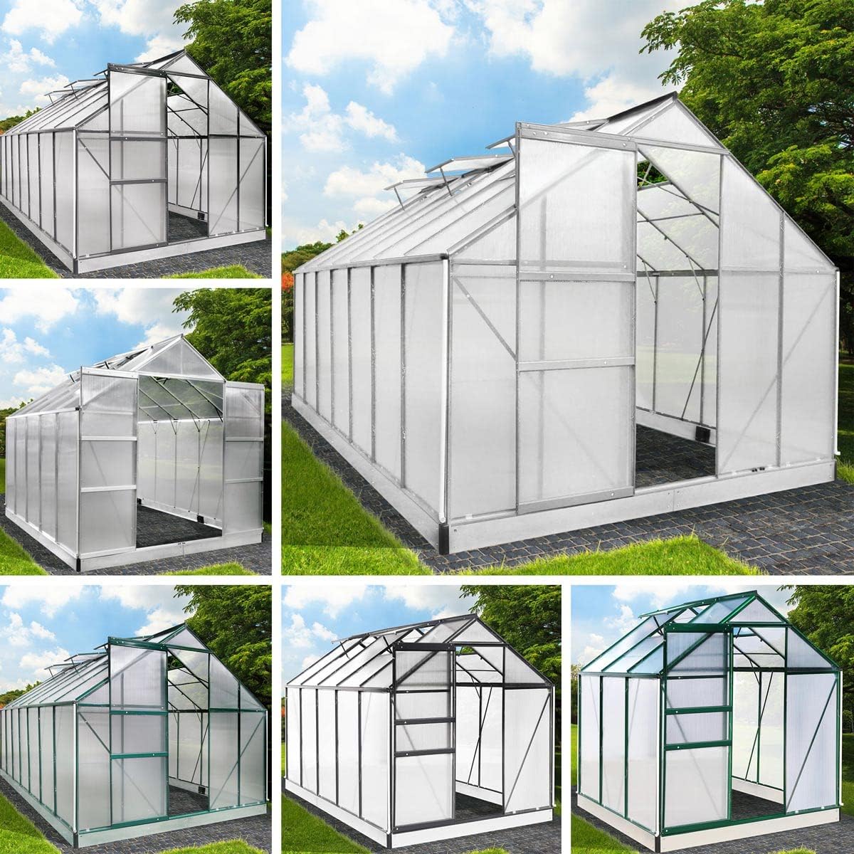 BRAST Gewächshaus Aluminium mit Fundament, 190 × 190 × 195 cm Grün, 130 × 190 × 195 cm, 490 × 250 × 235 cm, 6 mm Hohlkammerplatten, 42 Modelle