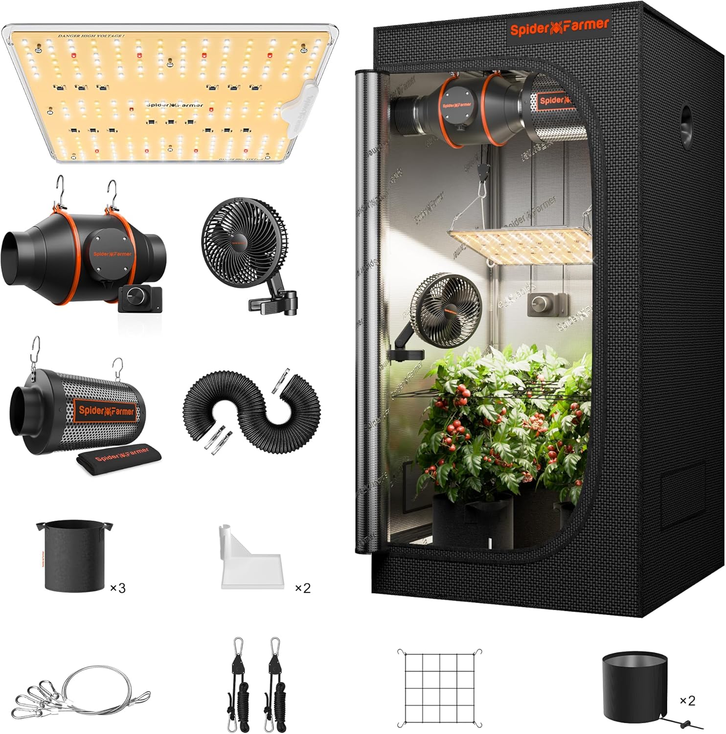 Spider Farmer SF1000D Growzelt Komplettset LED Grow Lampe Vollspektrum Samsung LM301B LEDs Growzelt Kit Komplettes 60 × 60 × 140 cm Hydroponics 1680D