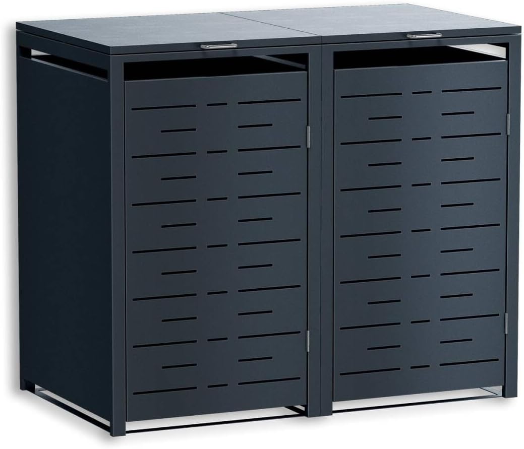 Metzler Mülltonnenbox 2er 240 l Anthrazit mit horizontalen Designlinien, Metall Mülltonnenverkleidung für 2 Tonnen abschließbar, Nexus