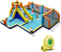 COSTWAY Aufblasbare Hüpfburg mit Gebläse, Spielpool 500 × 465 × 200 cm, Kletterwand, Zwei Wasserkanonen, Und Zielspiel
