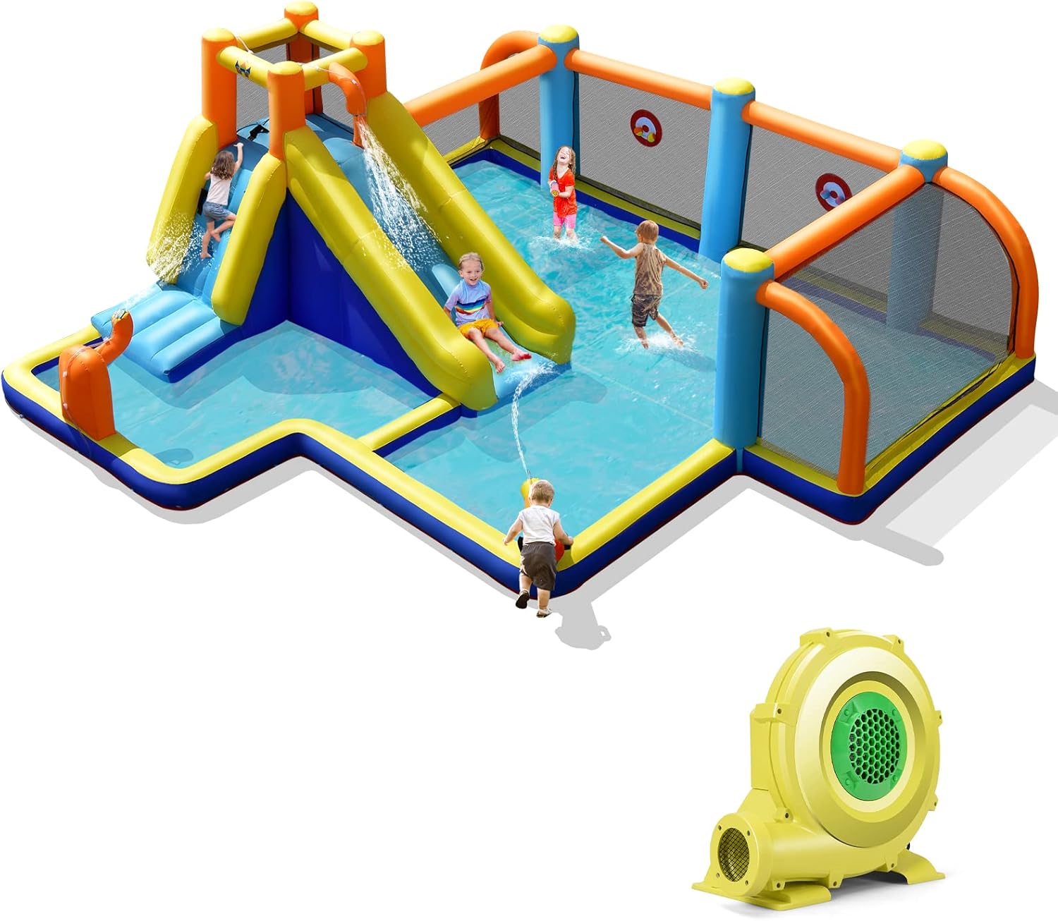 COSTWAY Aufblasbare Hüpfburg mit Gebläse, Spielpool 500 × 465 × 200 cm, Kletterwand, Zwei Wasserkanonen, Und Zielspiel