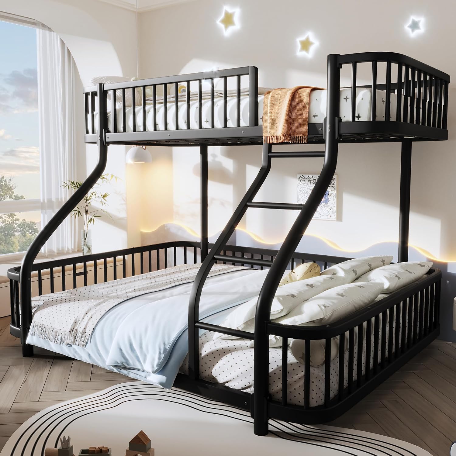 Httcg Bett Etagen Kinderbett 90 × 200 & 140 × 200 , 200 cm, Hochbett Metallbett mit Abgerundete Ecken, Ohne Matratze, Schwarz