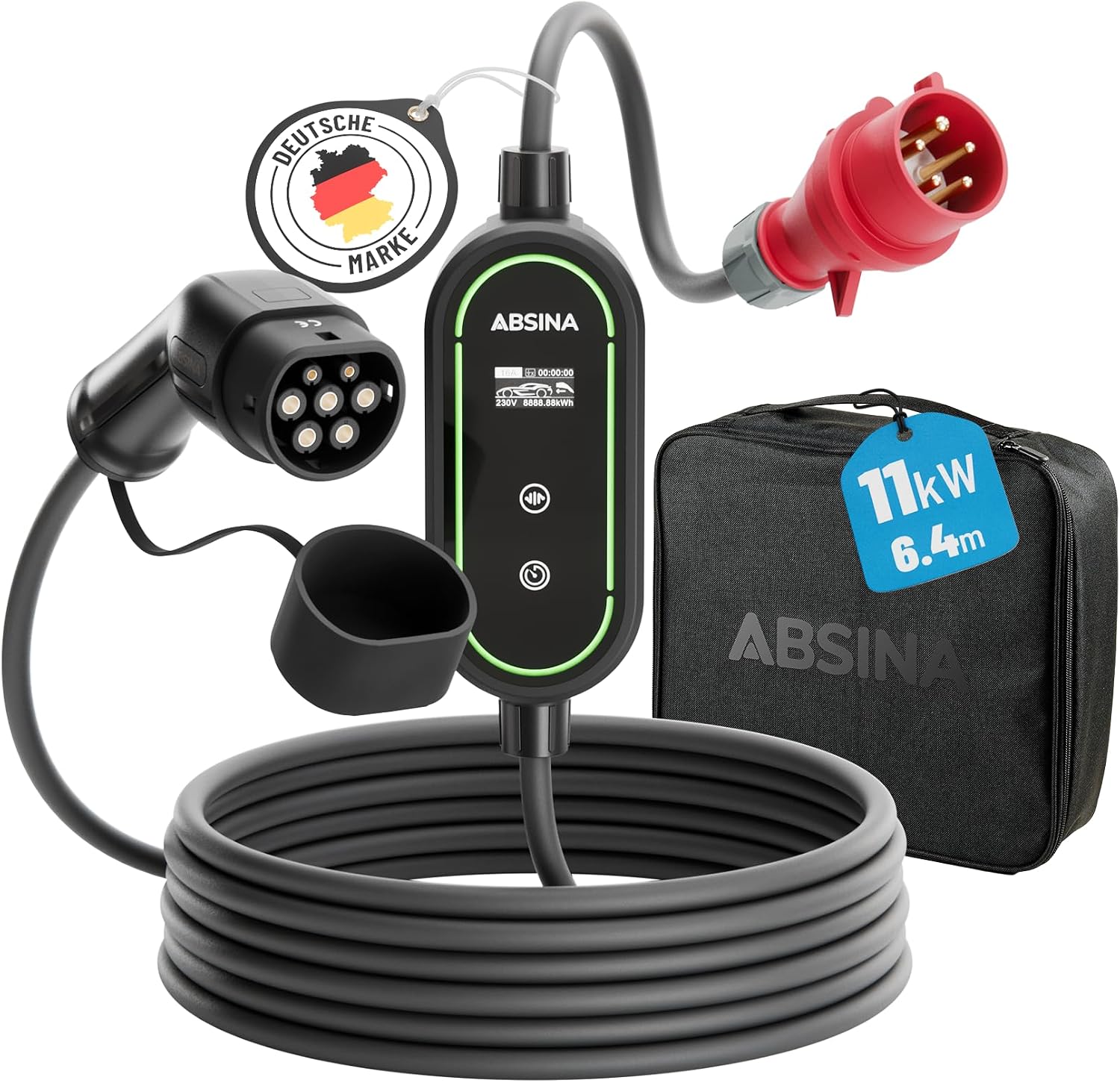 ABSINA Mobile Wallbox 11 kW mit Einstellbarer Ladeleistung, Typ 2 Ladekabel E Auto 16A 3 phasig IP67 mit 6,6 m Kabel, 11 kW Ladegerät für i3, E-Up