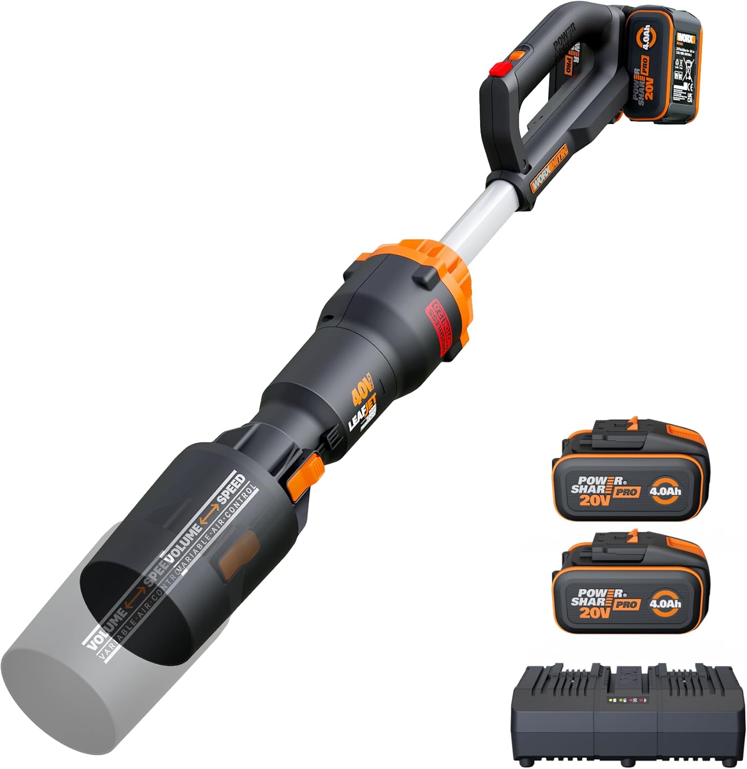 WORX Nitro 40 V Akku-Laubbläser WG585E, Inkl. 2 × 4 Ah Akkus & 4A Dual-Schnellladegerät, 266 km/h Luftgeschwindigkeit, Bürstenloser Motor