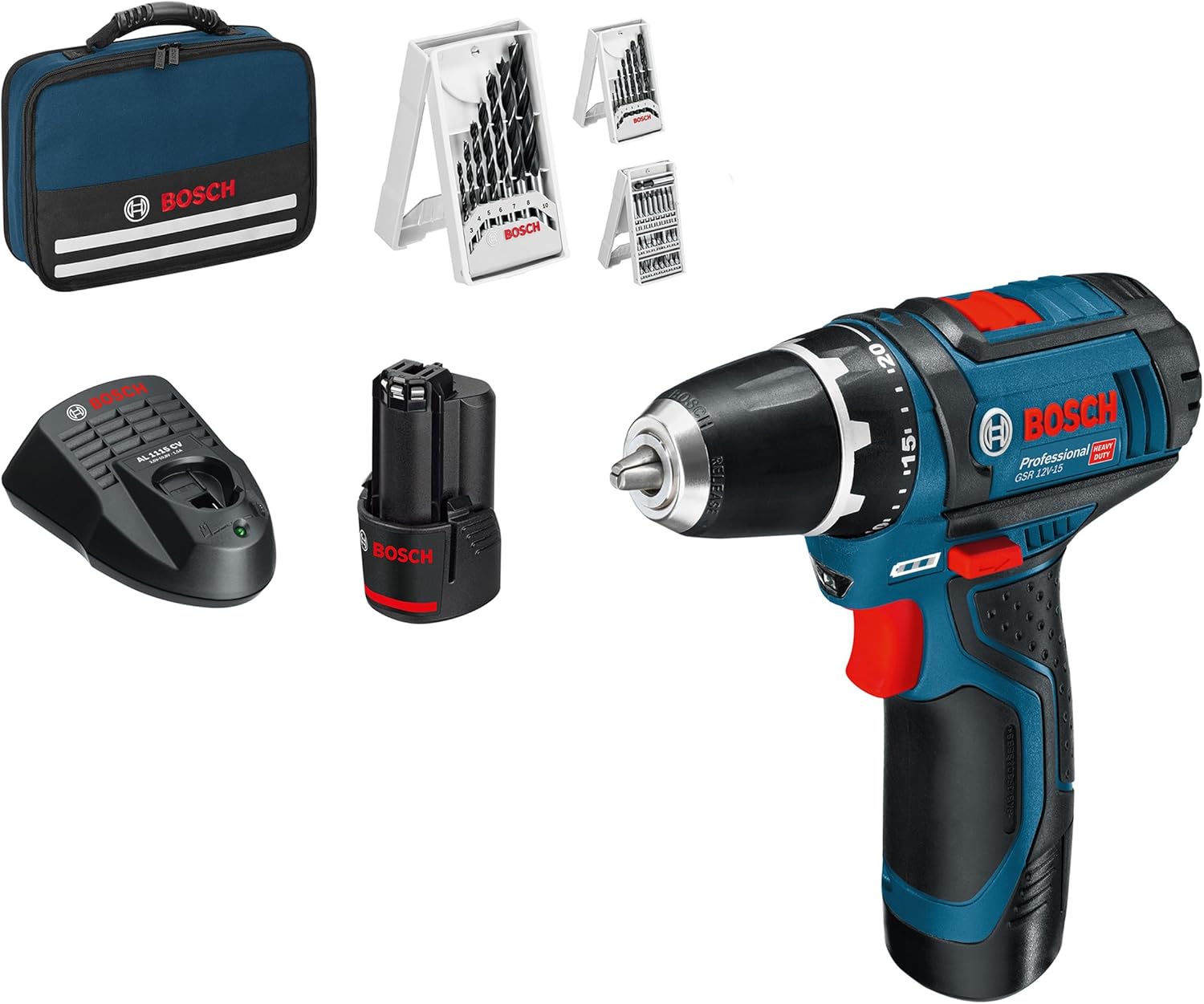Bosch Professional 12 V System Akku Bohrschrauber GSR 12 V-15, Inkl. 2 × 2.0 Akku, 39tlg.-Zubehör-Set, Ladegerät, Amazon Exclusive