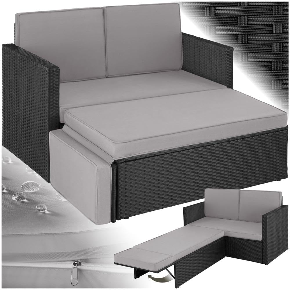 Tectake Sofa Set, Schwarz, 2 Sitzer Sessel mit Hocker und Schlaffunktion, Kleine Rattan Couch als Outdoor Gartenmöbel, Wetterfest für Lounge
