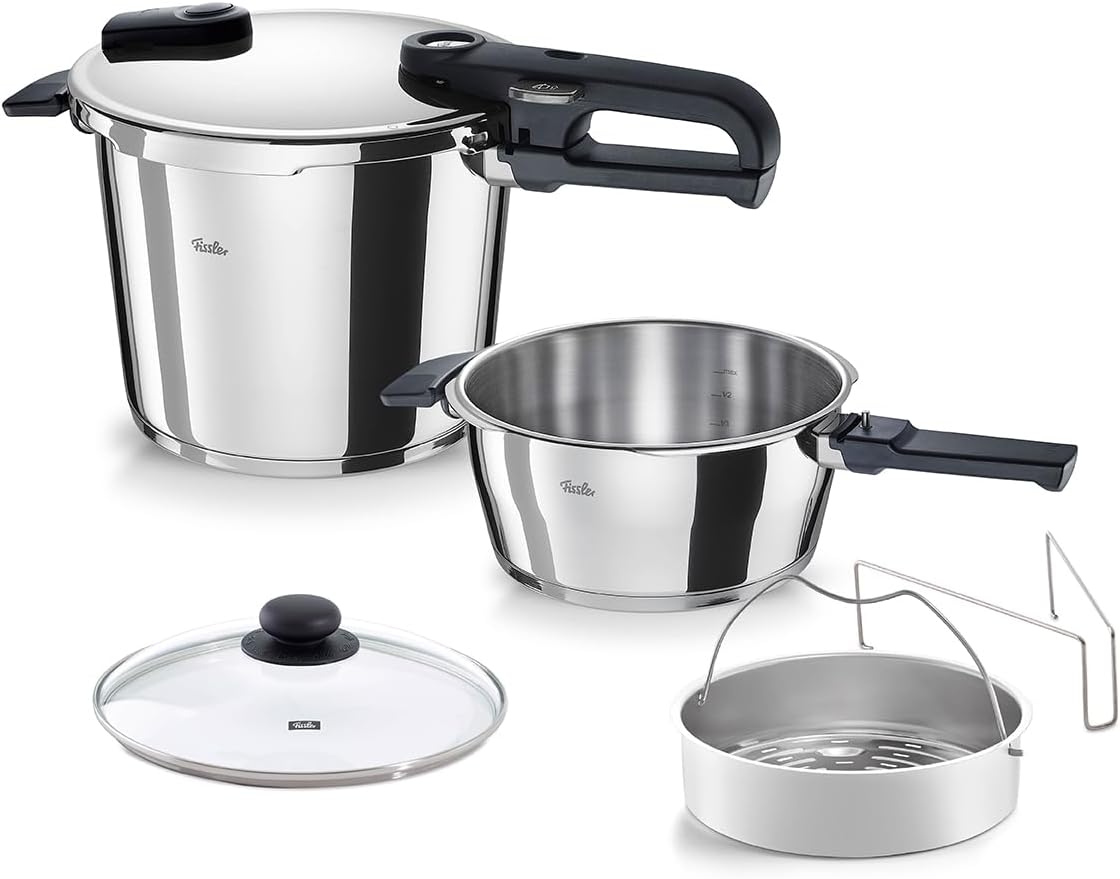 Fissler Vitaquick Edition/Schnellkochtopf-Set 6-teilg, Inkl. Metalldeckel, 2 Schnellkochtöpfe Ø 22 cm 3,5 l & 6 l, Glasdeckel, Einsatz, Induktion