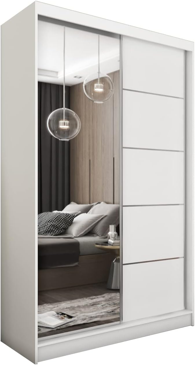 MEBLINI Kleiderschrank mit Spiegel, 120 cm, 2 Türen, Schwebetürenschrank mit Kleiderstange, Schlafzimmerschrank mit Einlegeböden, Wardrobe Closet