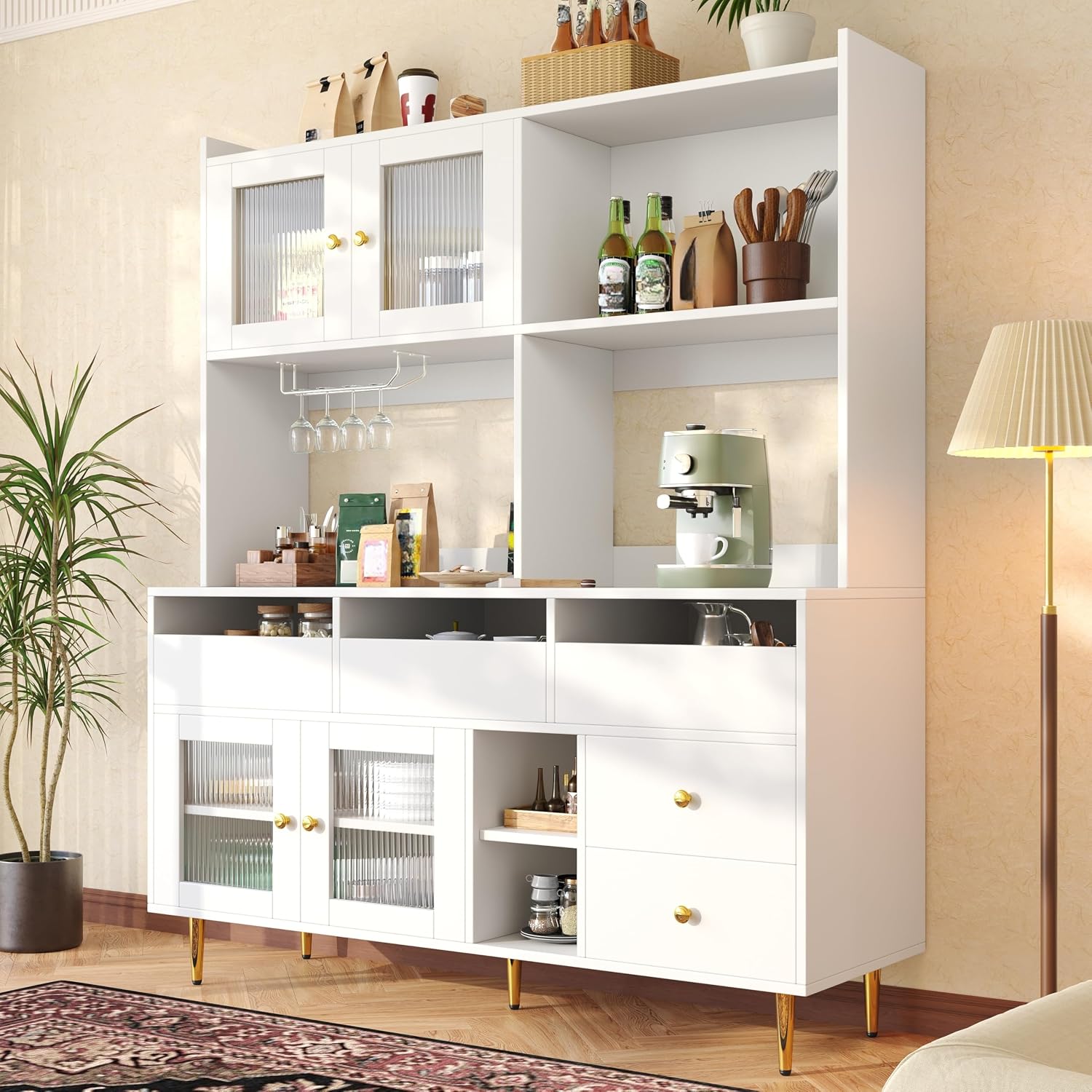 Laxnb Küchenschrank Stauraum Sideboard, 145 × 39 × 171 cm Hochschrank mit Arbeitsplatte, Sideboard Kommode mit Schubladen und Glastür, MDF
