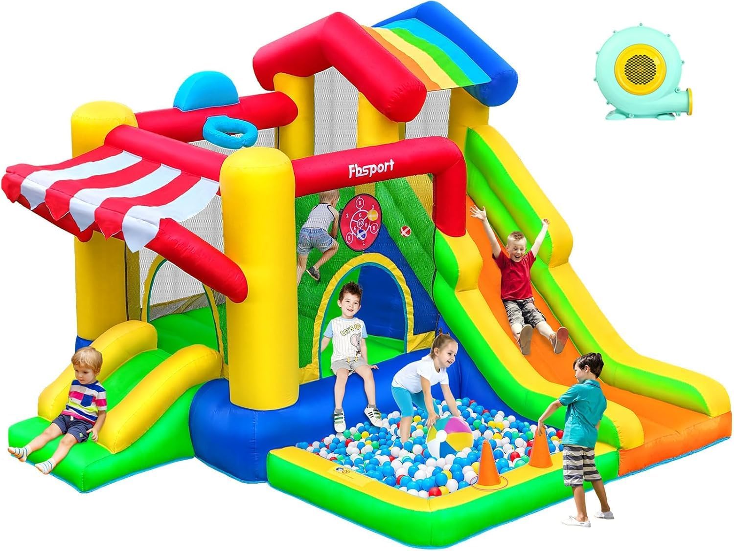 FBSPORT Hüpfburg für Kinder Indoor Outdoor mit Doppel Rutsche, Maximale Last 135 KG, 322 × 305 × 208 cm, Trampolin, Bällebad, Kletterwand
