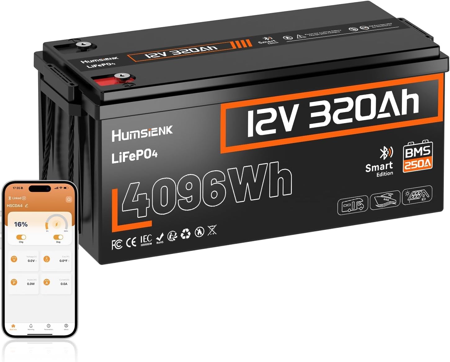 HumsiENK LiFePO4 Batterie 12 V 320 Ah mit Bluetooth, 4096 Wh Lithium Batterie 12 V, 12 V LithiumBatterie Wohnmobil & Solar Battery, 250A BMS