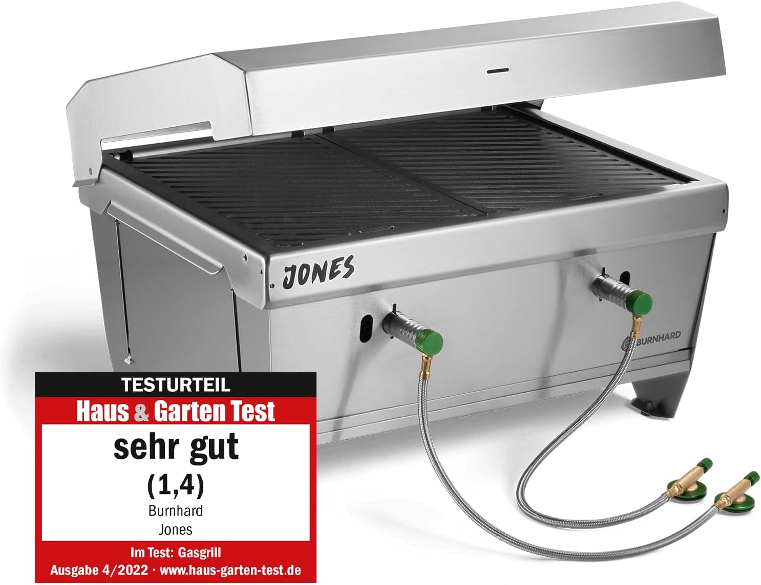 BURNHARD Camping Gasgrill JONES Edelstahl Klappgrill mit Deckel 2-Brenner 6,4 kW inkl. Transporttasche mit Rucksackfunktion und Multitool