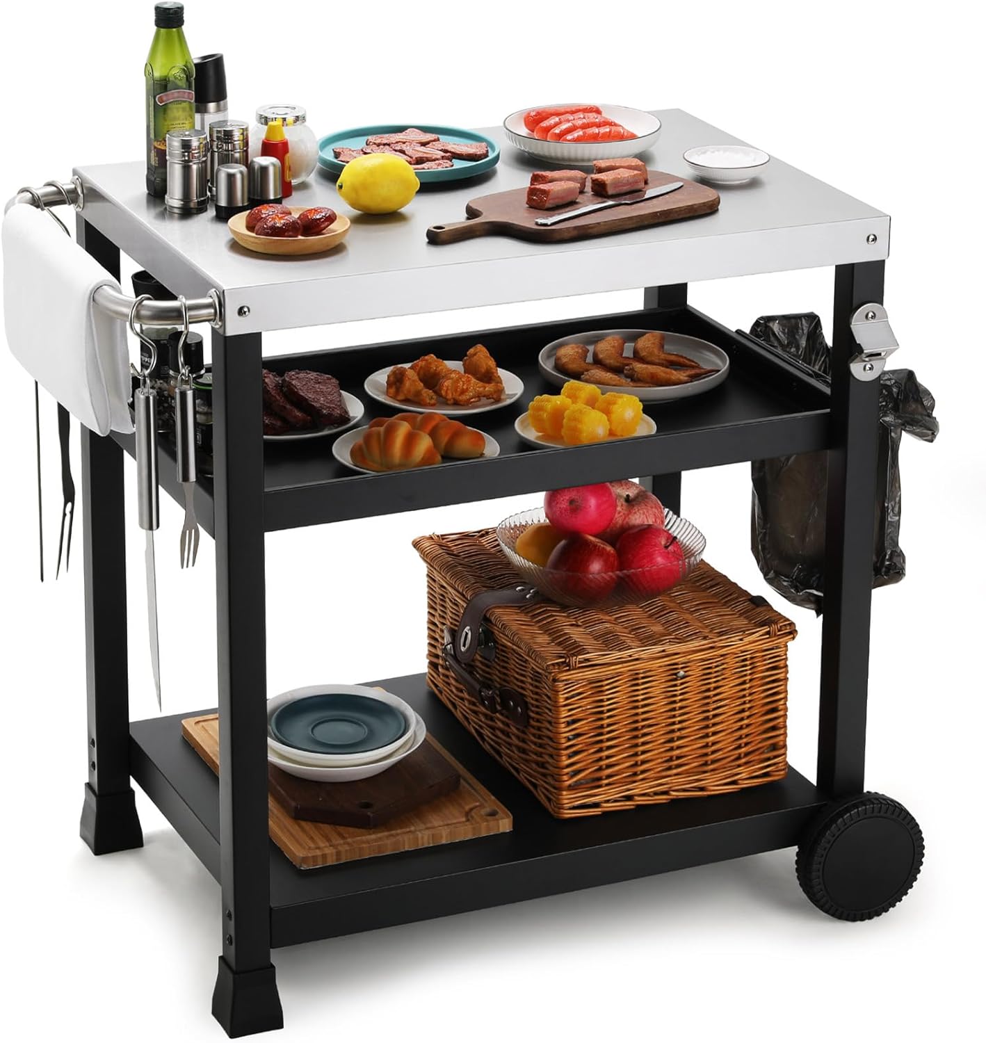 LIFERUN Edelstahl Grillwagen 3 Etagen, Grilltisch Outdoor mit Edelstahl Tischplatte, Grill Beistelltisch Servierwagen, BBQ Beistellwagen Außenbereich