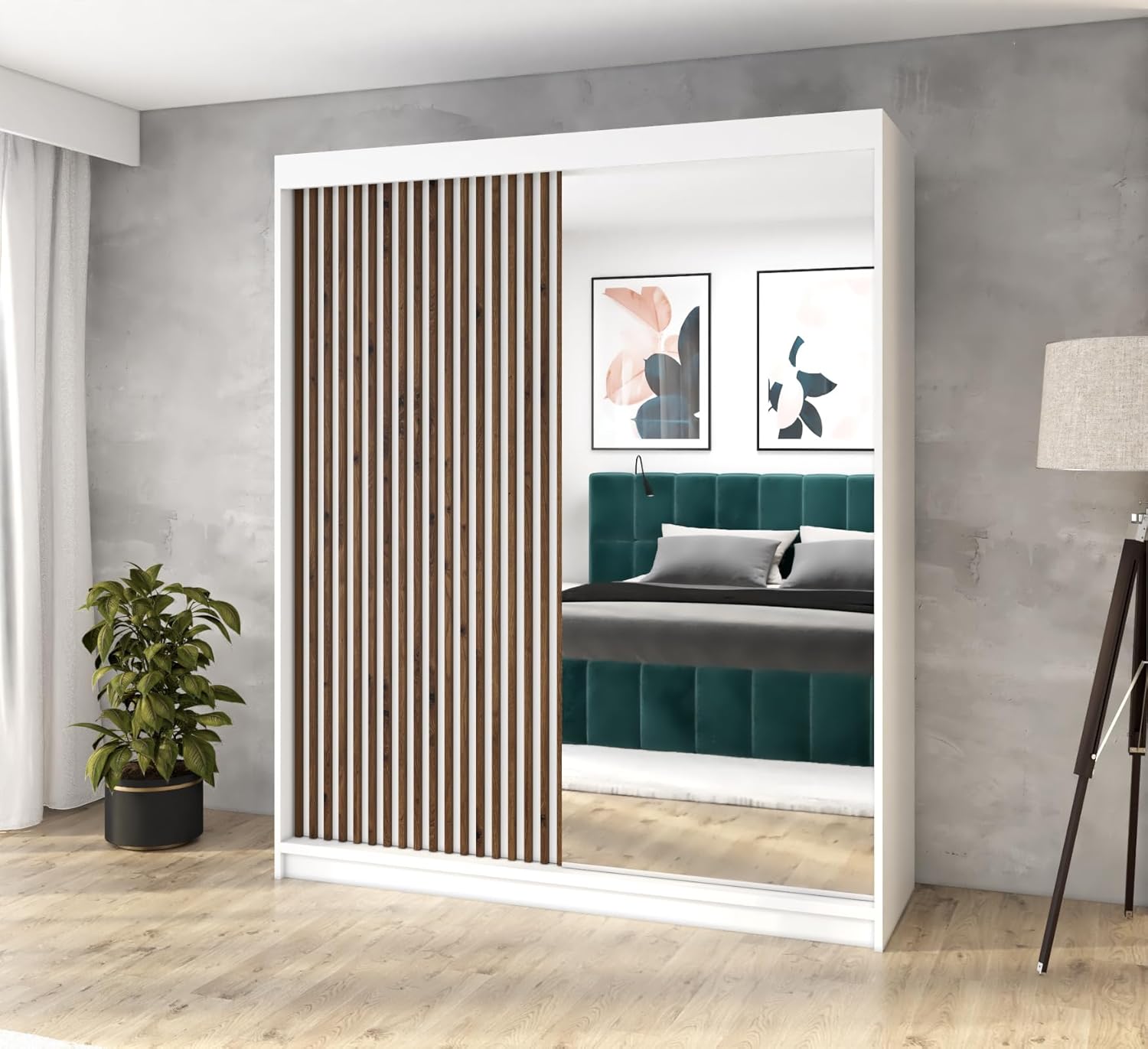 A&J MöbelLand Schwebetürenschrank MIT Kleiderschrank 120 cm mit Spiegel, Stauraum, Weiß/Braun