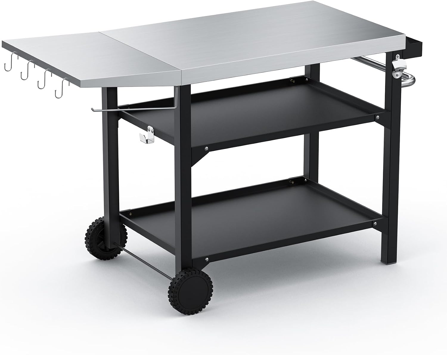 Onlyfire Grillwagen 120 cm mit Edelstahl Arbeitsplatte, Outdoor Grilltisch 3-Etagen für Pizzaofen und Gasgrill, Rollen und Servierwagen mit Gewürzbox