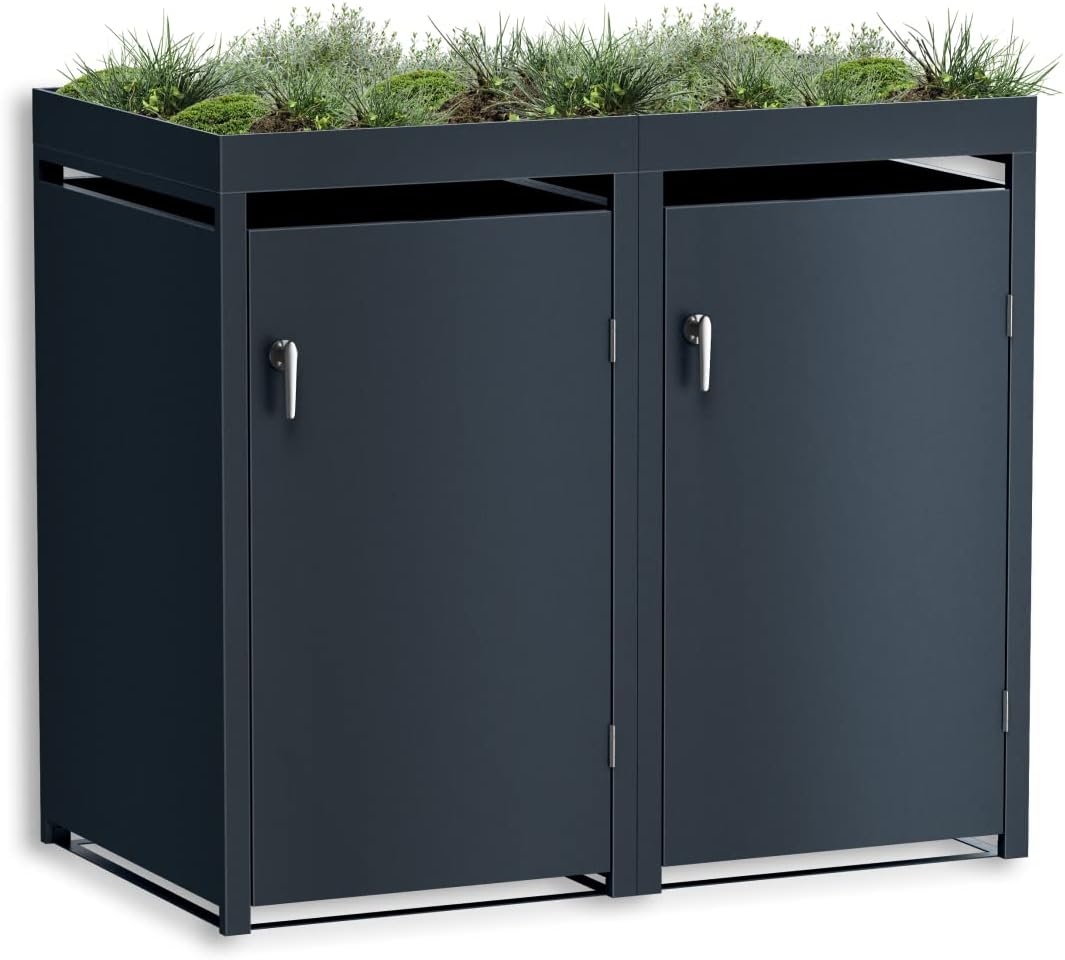 Metzler Mülltonnenbox in Anthrazit mit Pflanzdach 2er 240 l, Mülltonnenverkleidung 2 Tonnen, Abschließbar, Garten- und Müllbox