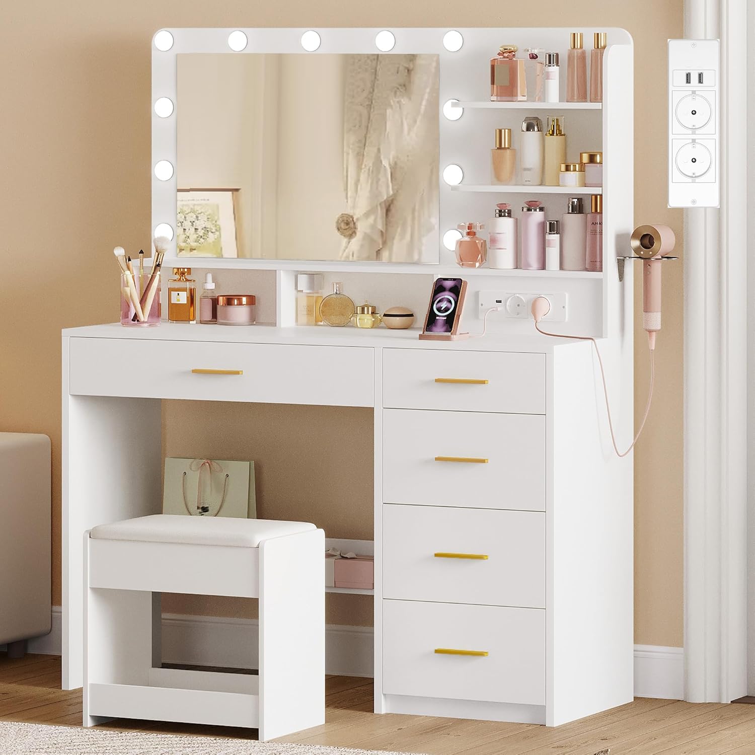 Hzuaneri Schminktisch mit 10 LED-Beleuchtung, Weiß DT42903XEU, Frisiertisch mit Große Spiegel, Schminktische mit Stecker, Und Haartrocknerhalter