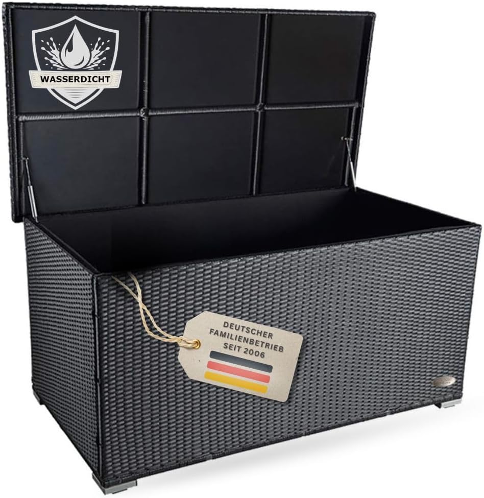 RS Trade Auflagenbox Wasserdicht XXL, 950 l, Schwarz, Gartenbox, Aufbewahrungsbox Garten, Kissenbox Outdoor, Große Gartenkiste für Polster, Polyrattan