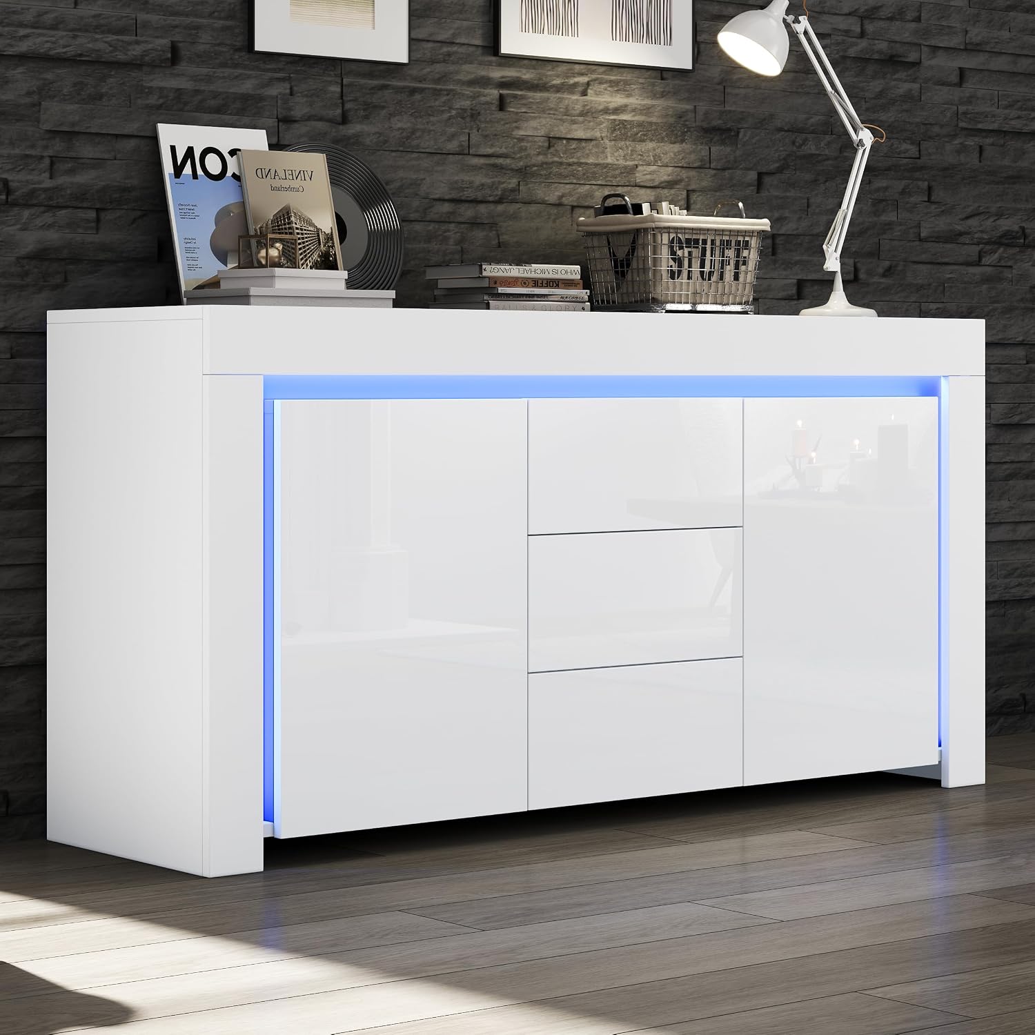 FammyLoft Kommode Hochglanz Sideboard Wohnzimmer Schubladen , 140 × 40 × 65 cm, Buffetschrank mit LED-Lichtleiste, App-Steuerung, App-/WLAN-Steuerung