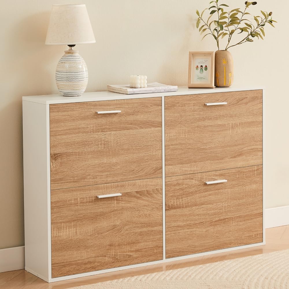 CASABEL Schuhschrank mit 4 Klappen, L114xT24xH83 cm, Schuhregal Holz & Weiß, Modernes Design, Große Kapazität für 24 Paar, Eingang