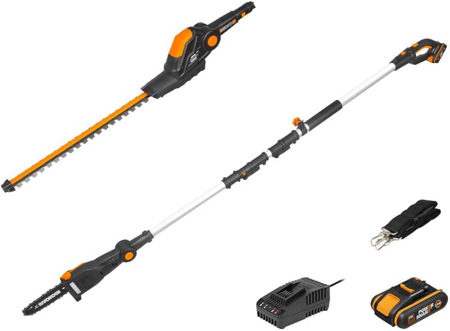 Worx 18 V, 2,0 Ah Akku, 20 V MAX, Akku-Teleskop-Heckenschere PowerShare, Inklusive Schnellladegerät, Hedge Trimmer + Pole Chain Saw