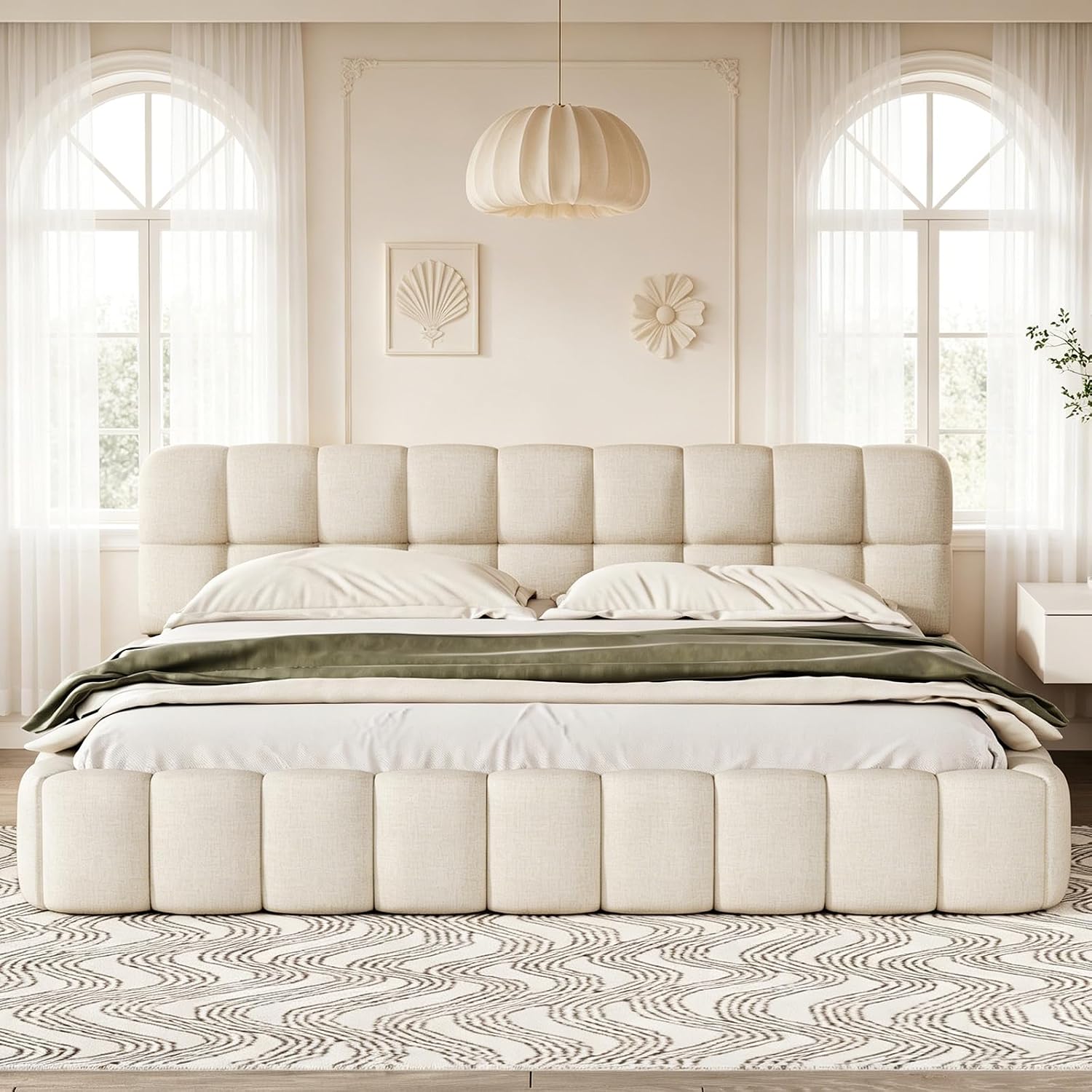 LKPOMI Bett Polster 160 × 200 cm Bubble Bett , für Schlafzimmer und Gästezimmer, Doppelbett Bettgestell mit Lattenrost, ohne Matratze Beige
