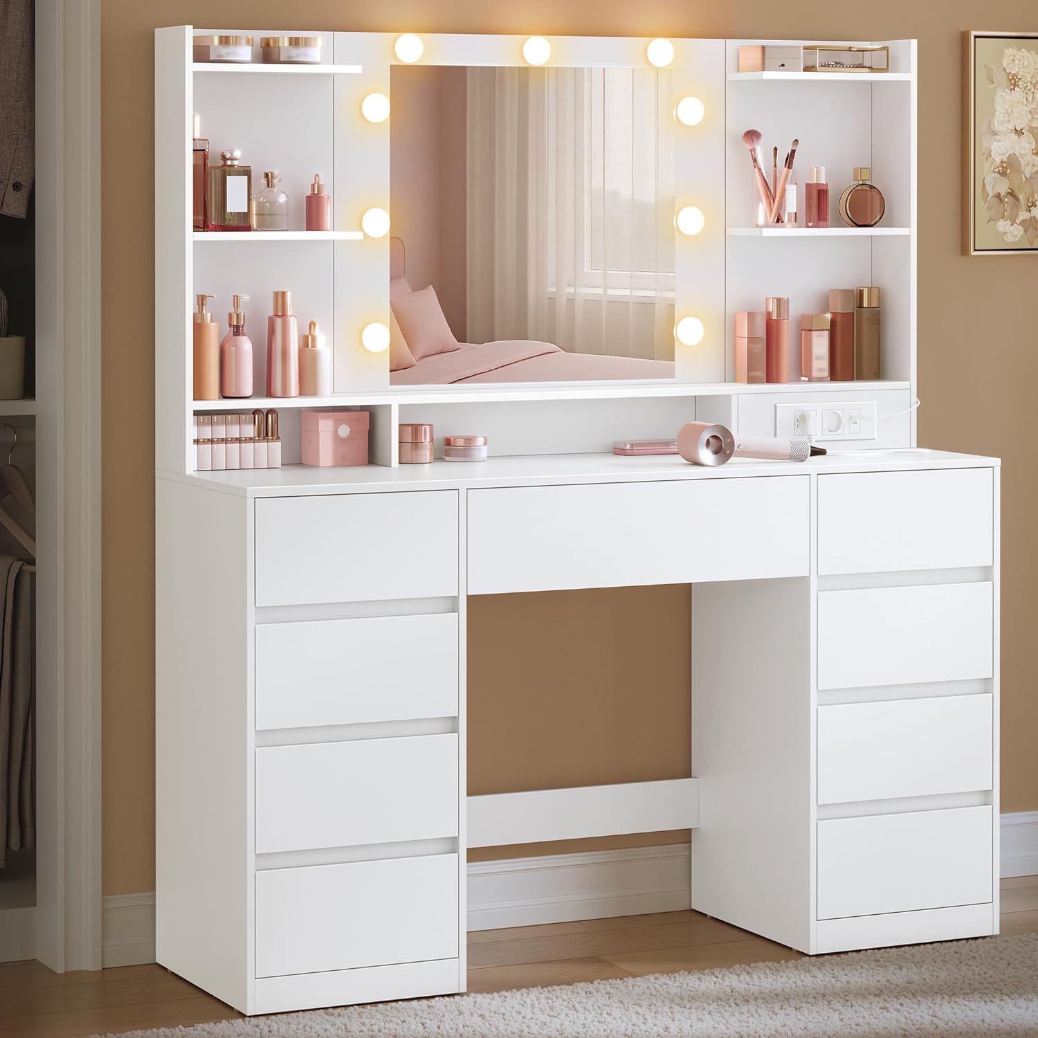 VASAGLE Kailyn Kollektion, Wolkenweiß RDT141WB02, Schminktisch mit Spiegel und LED-Leuchten, 9 Schubladen, 9 dimmbare Glühbirnen, 3 Lichtfarben