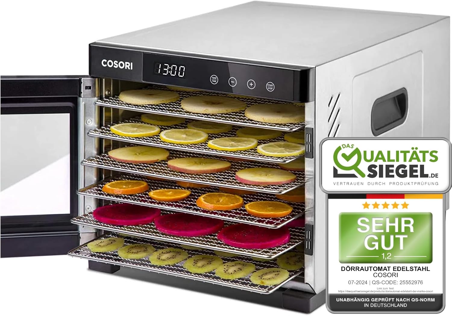 COSORI Dörrautomat edelstahl, Inkl. 6 Edelstahl-Dörrtabletts, 35°-75 °C, Und 650 W, Food Dehydrator mit 50 Rezepte, 3 Dörrgitter, 3 Dörrmatte