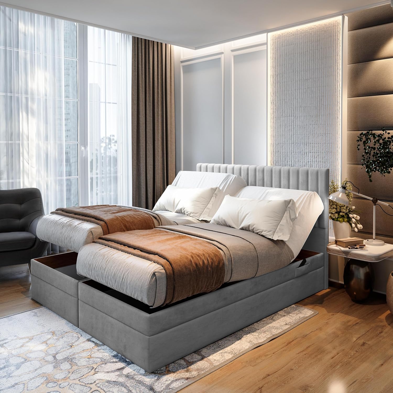 TRADA Boxspringbett ADÈLE 140 × 200 cm, Elektrisch Bett mit Matratze + Tooper, Stoffbezug Veloursstoff, Bettkasten mit Gasautomaten, Hellgrau