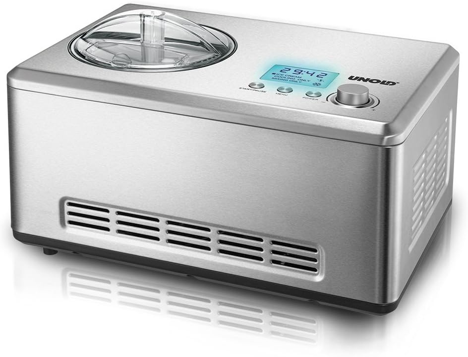 Unold 48876 Eismaschine, Volumen für 2, 0 Liter Eiscreme, 180 Watt, 2 Liter, 2 L, 2, 0 L, vollautomatischer selbstkühlender Kompressor, Display