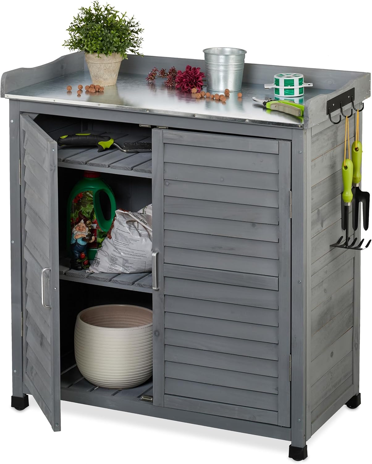 Relaxdays Pflanztisch mit Unterschrank, HxBxT: 92 × 90 × 45 cm, Grau, 3 Haken, Holz, Zinn Arbeitsplatte, Gartenschrank