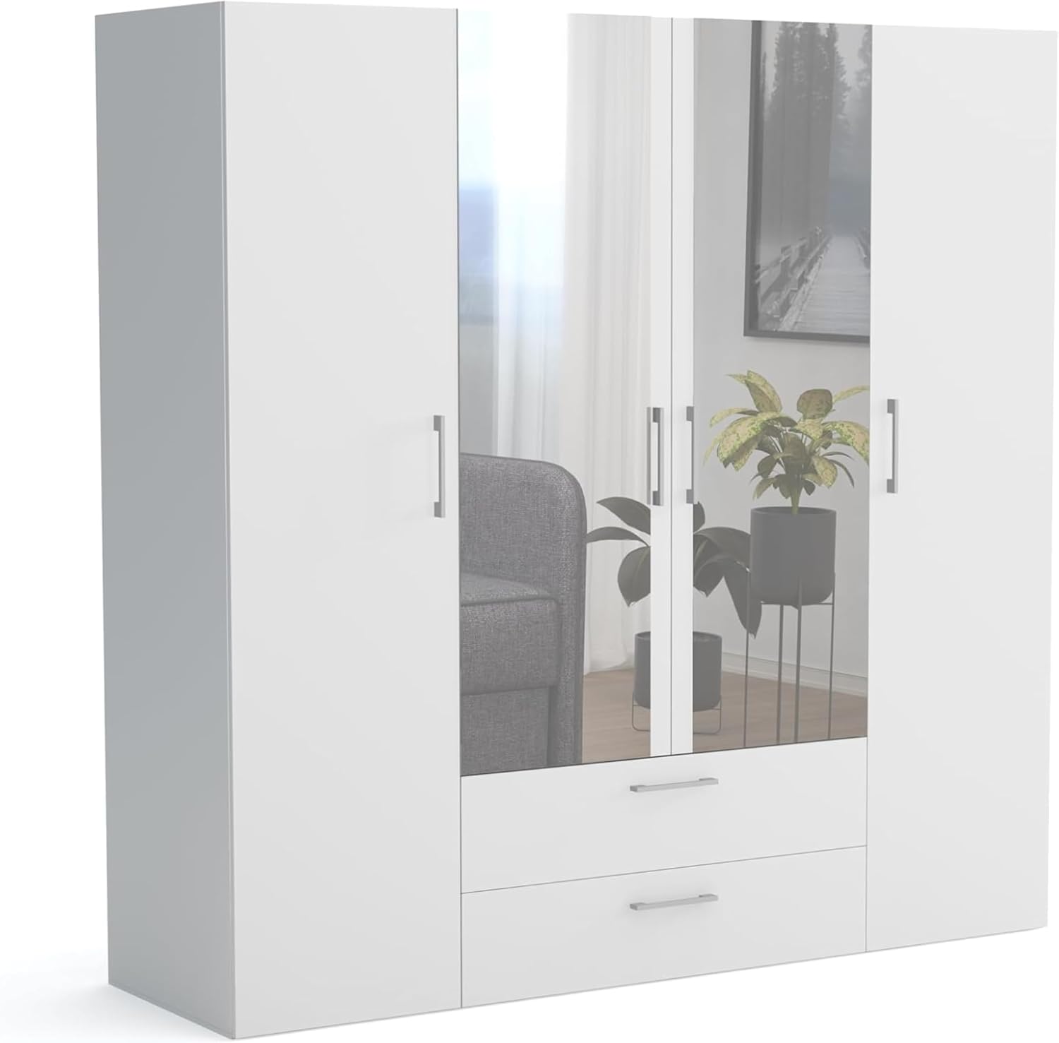 Brent, 200 × 200 × 60 cm, Kleiderschrank mit Spiegel, Garderobenschrank, BxHxT, Schrank mit Türen, Schlafzimmerschrank mit Regalen, Weiß