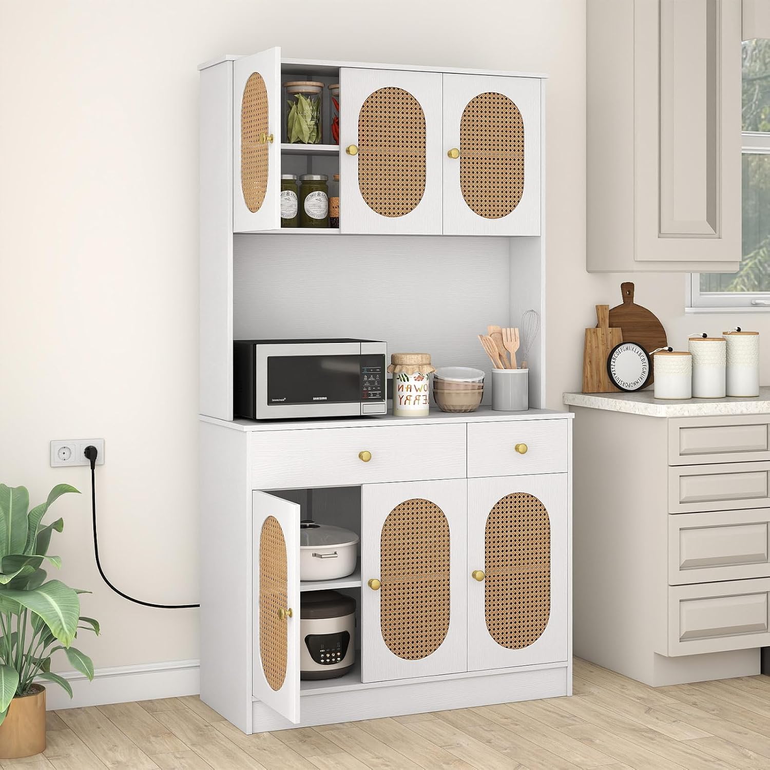 COSTWAY Küchenschrank Holz, 100 × 40 × 180 cm, Buffetschrank mit 2 Steckdosen & 2 USB-Anschlüssen, Hochschrank mit Rattantüren, Weiß