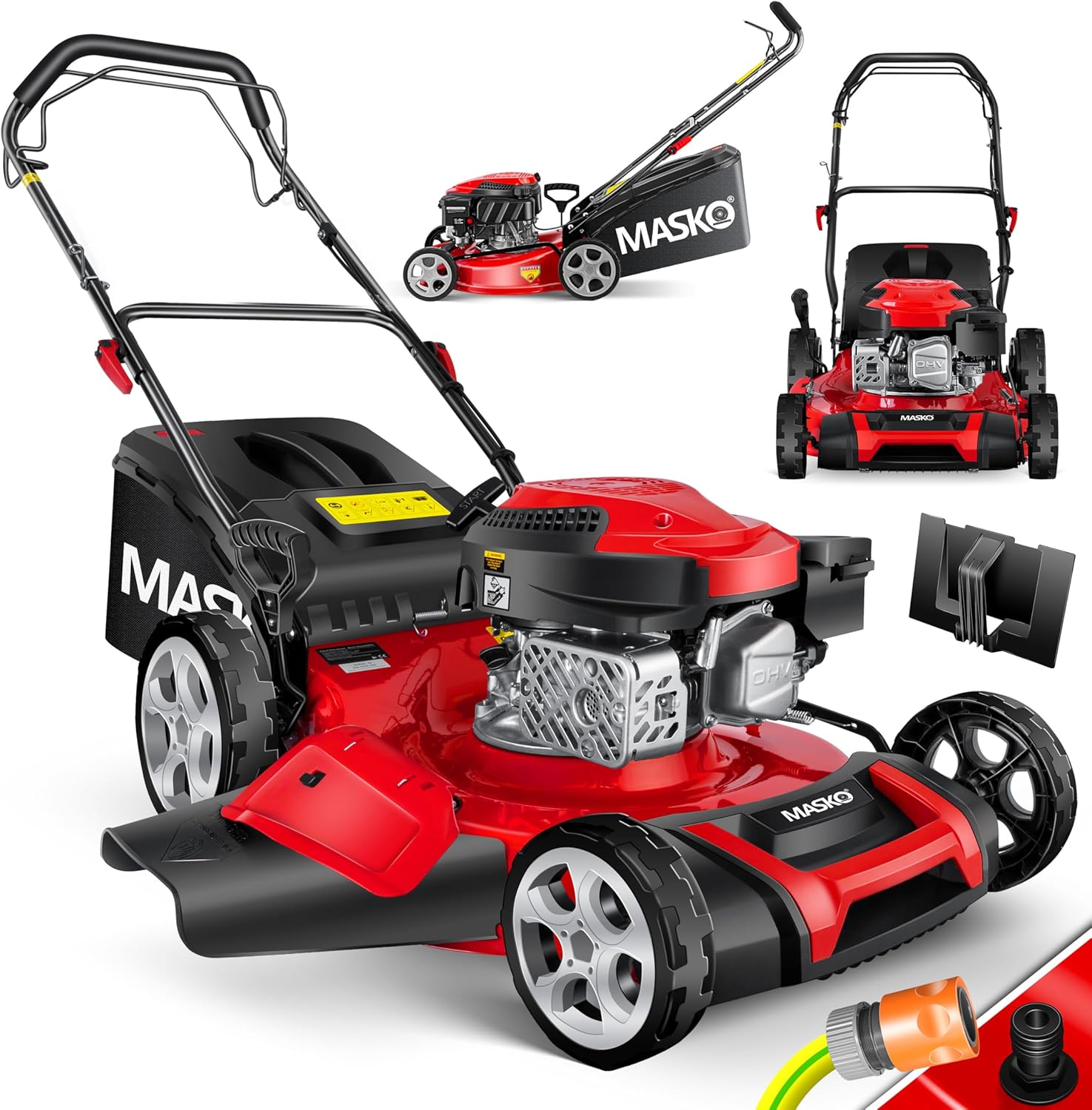 MASKO Benzin Rasenmäher 5in1,51 cm Schnittbreite, Inkl. Mulch- Kit, 8- fache Schnitthöhenverstellung, 4 Takt OHV Motor 6,0 PS, 65 Liter Fangkorb