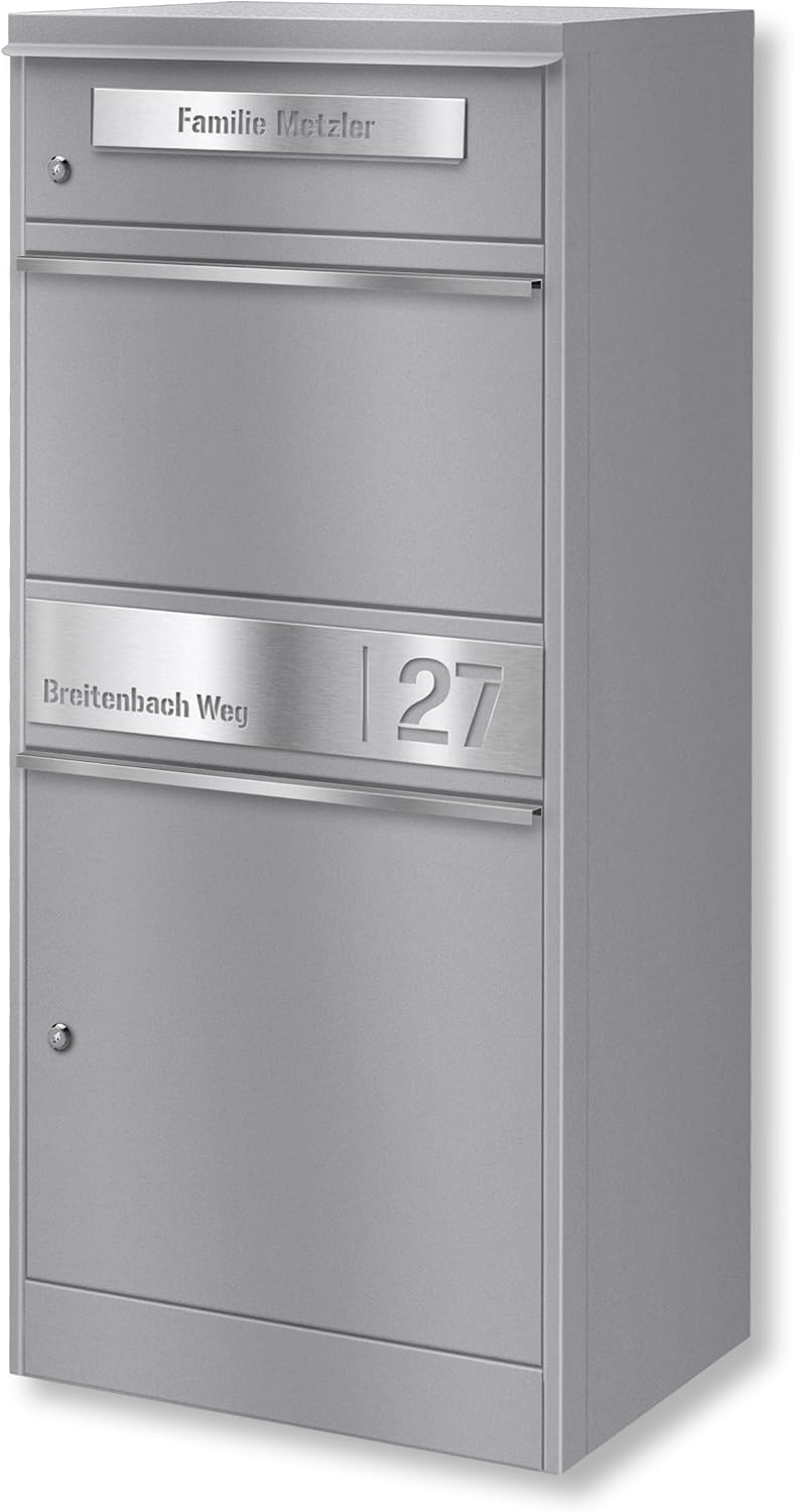 Metzler Briefkasten und Paketbox rostfrei und massiv, Paketbox draussen groß XXL, Standbriefkasten modern, Modell Bispo 2