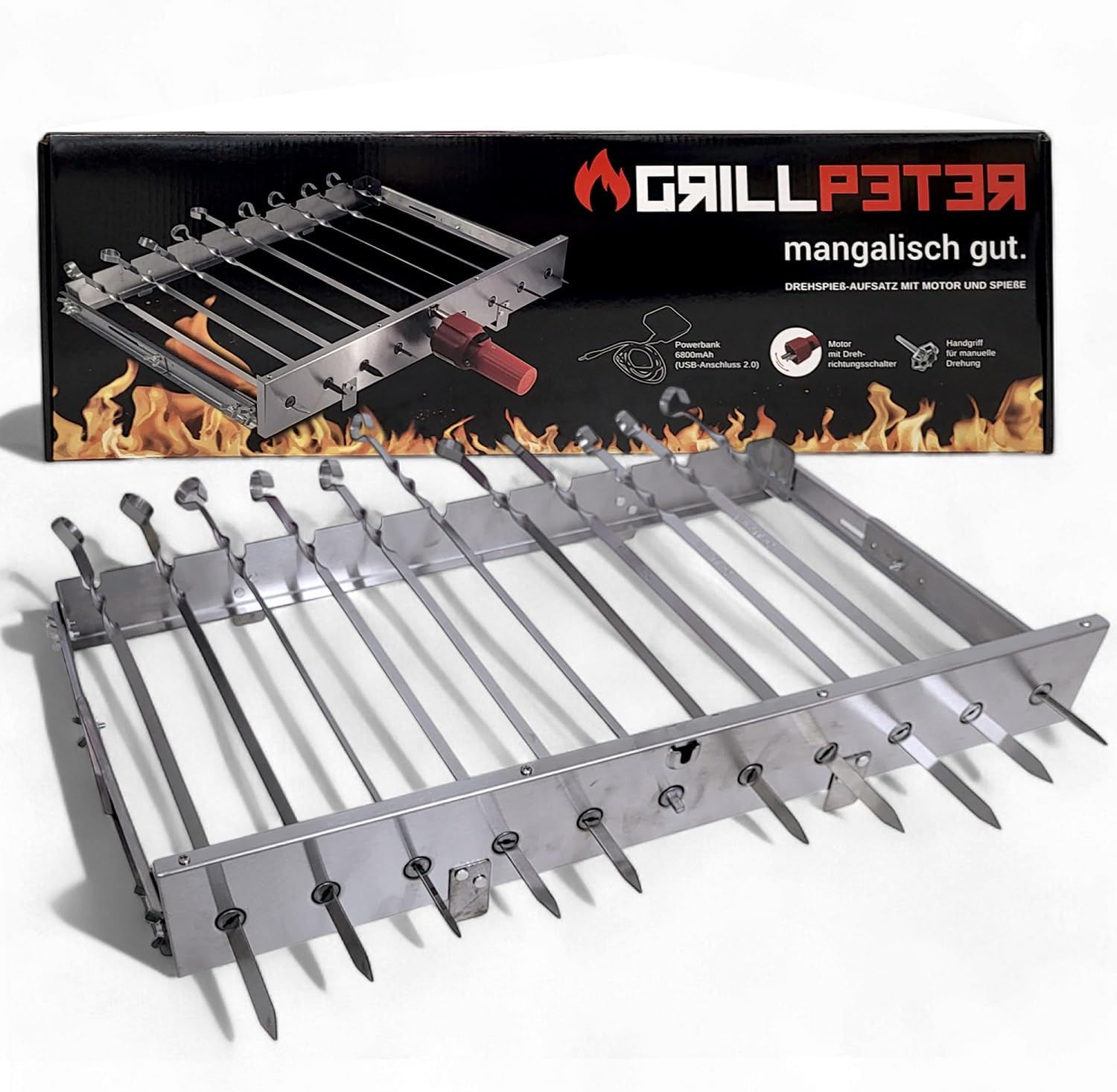 Grillpeter Schaschlik Spießdreher Edelstahl Drehspieß, Motor mit Powerbank Spieße für Mangal (für 11 Spieße)