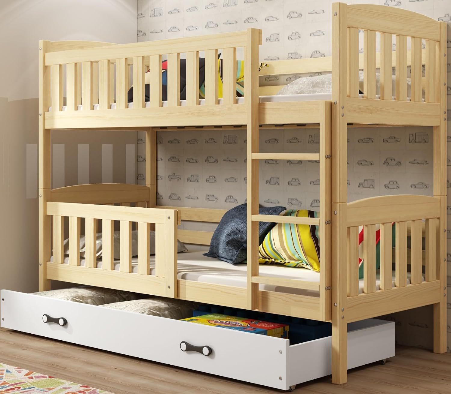 Interbeds Etagenbett 200 × 90 cm Hochbett Stockbett mit Schublade Holzbett Kiefernholz Kinderbett Jugenbett mit Lattenrost und Rausfallschutz